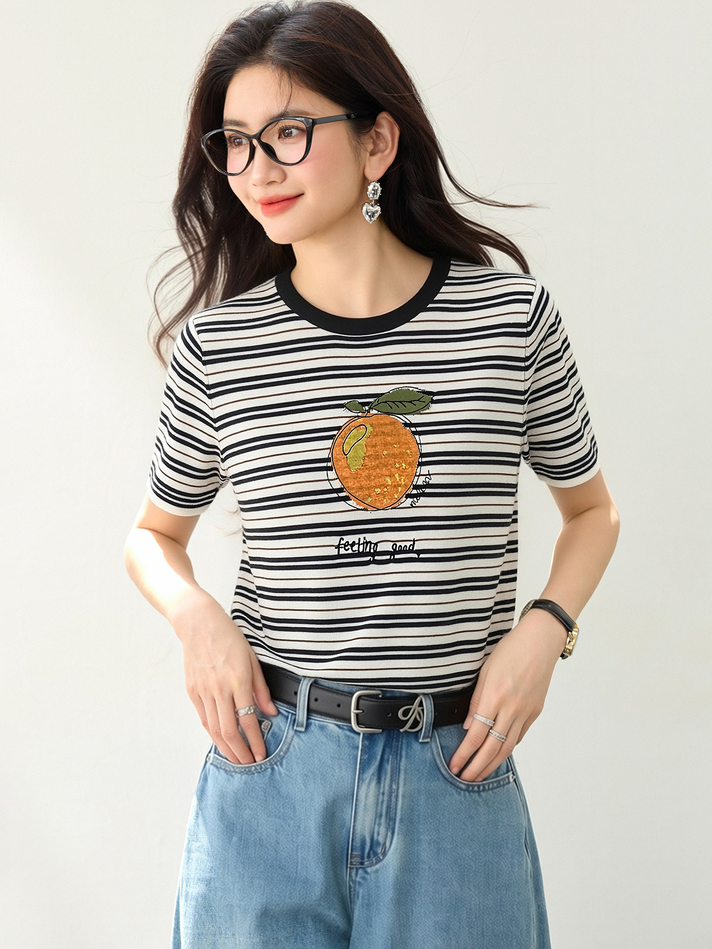實拍◆有◆2026慵懶韓版撞色條紋橘子印花短袖女寬松百搭休閑上衣