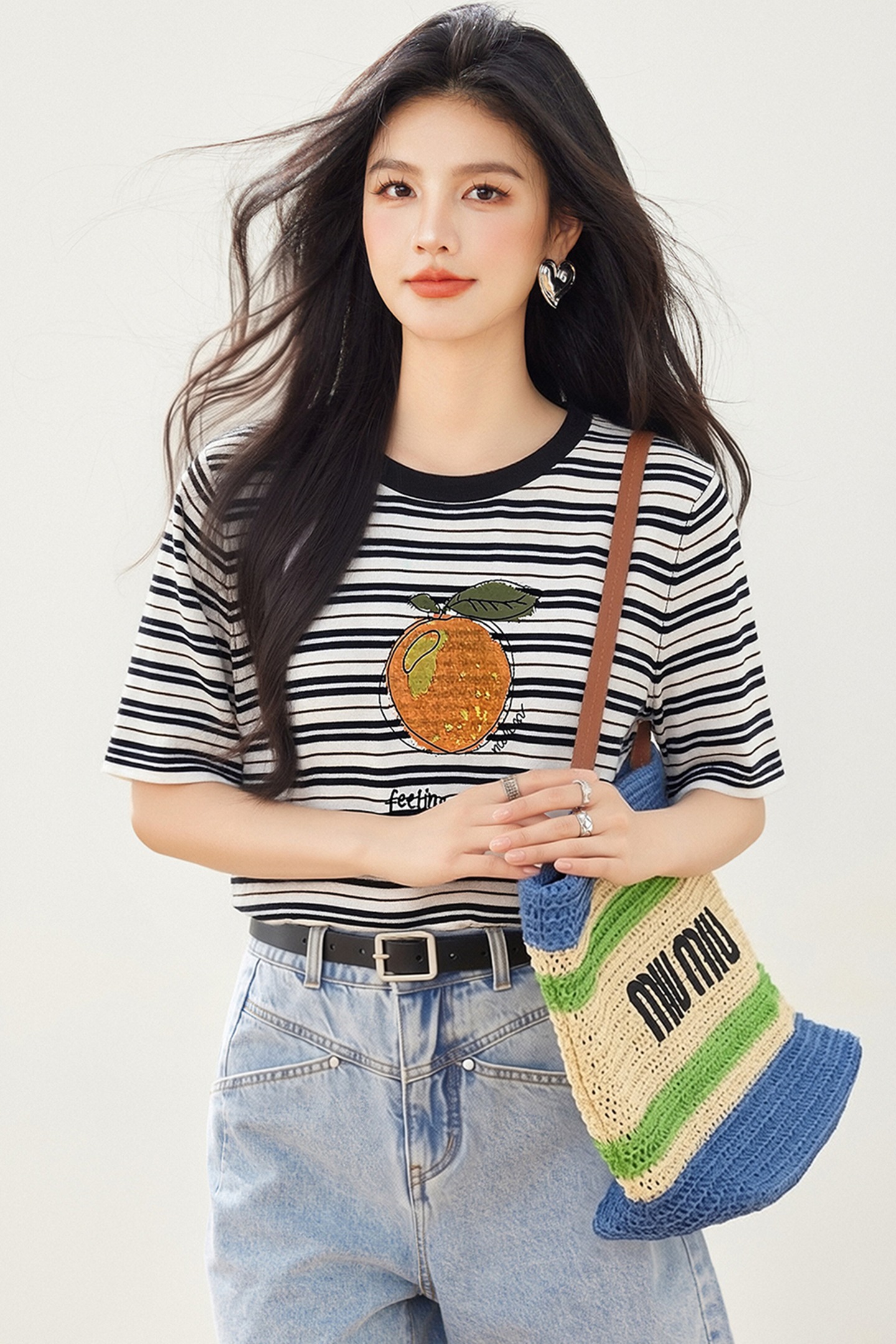 實拍◆有◆2026慵懶韓版撞色條紋橘子印花短袖女寬松百搭休閑上衣