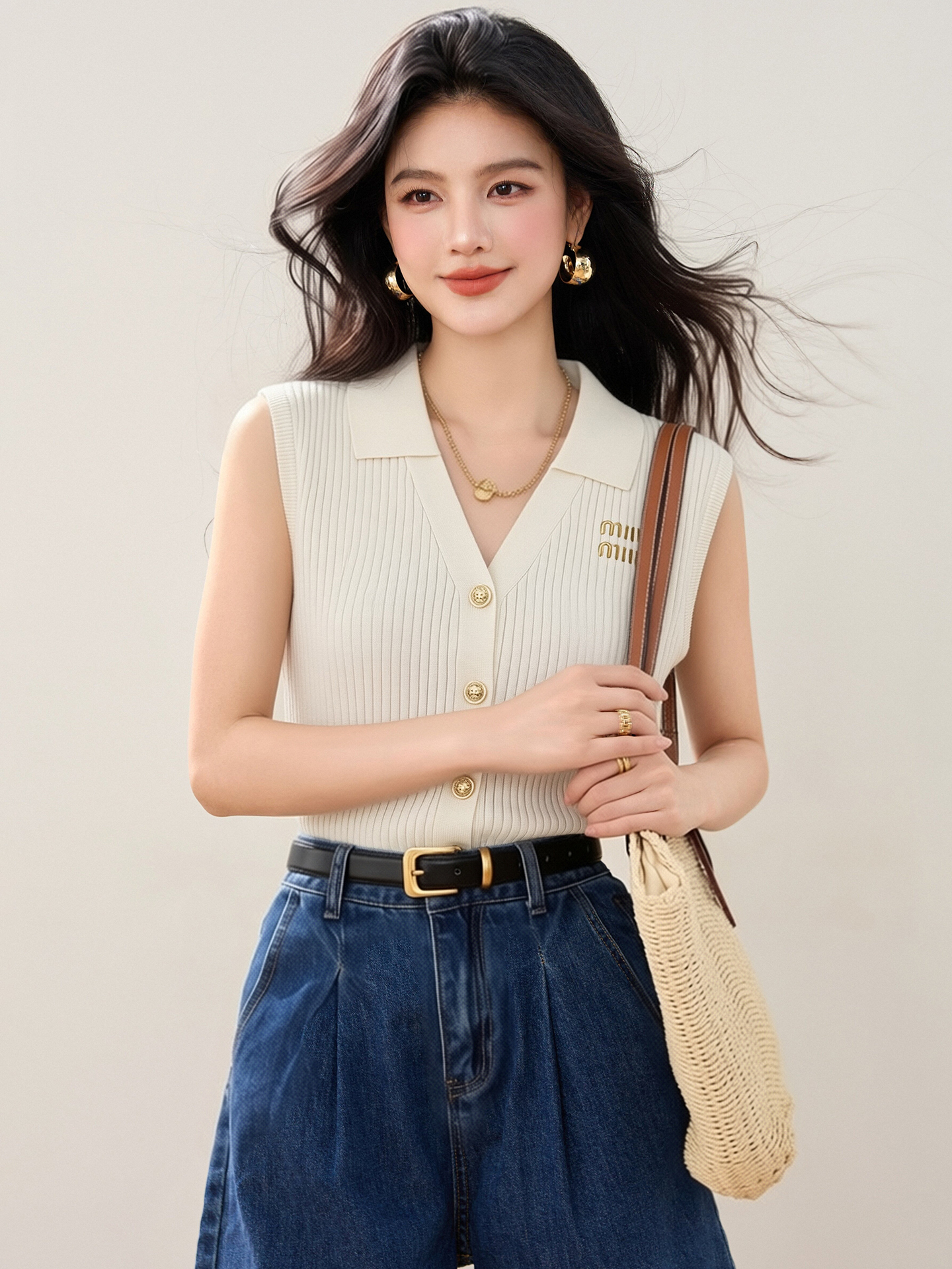實拍◆有◆2026小香風翻領無袖針織背心女新款顯瘦短款修身上衣