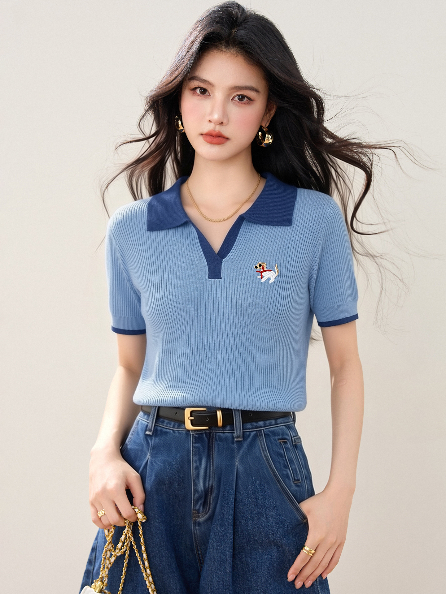 實拍◆有◆2026法式翻領polo針織短袖T恤女氣質修身冰絲撞色上衣