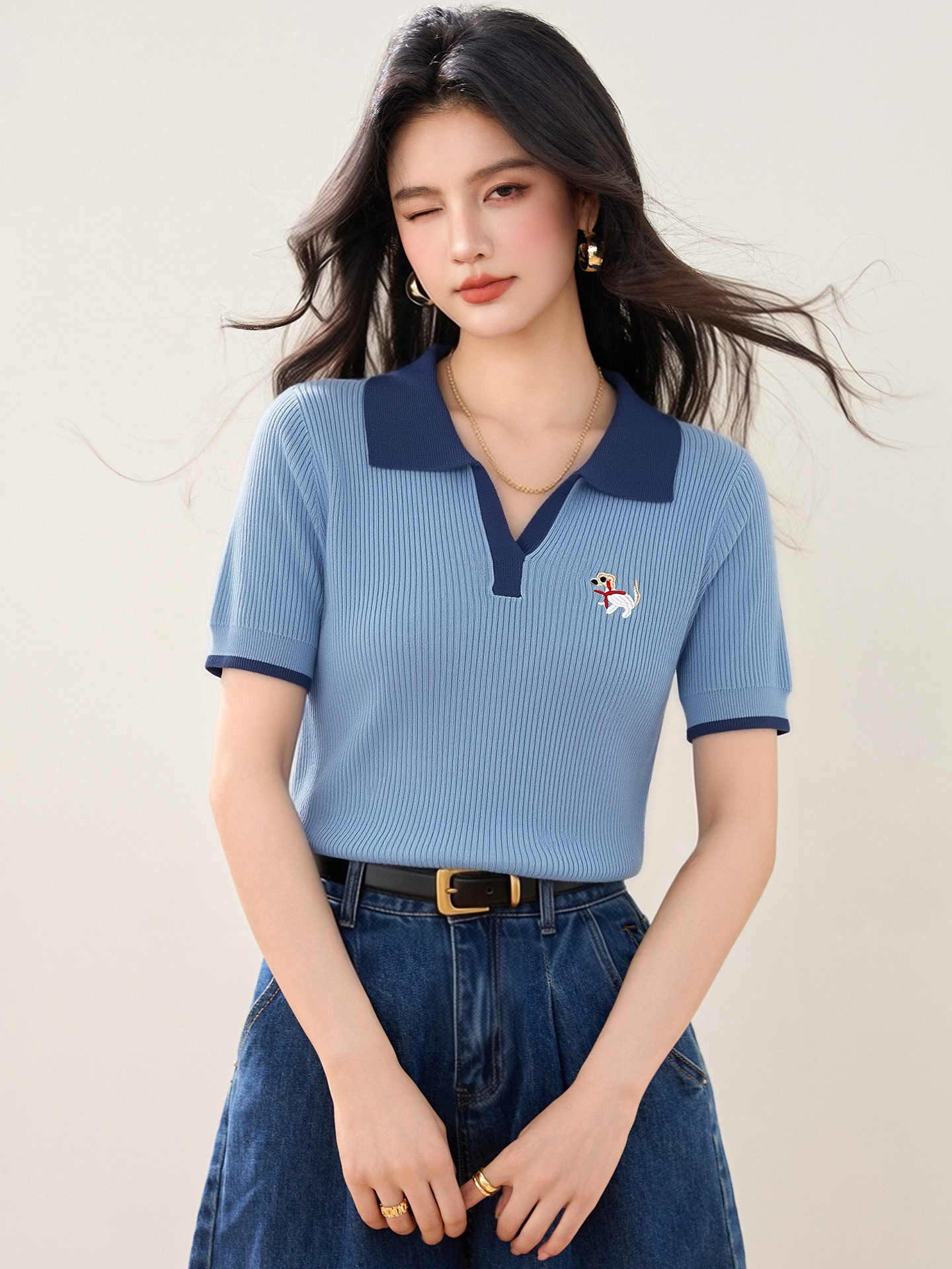 實拍◆有◆2026法式翻領polo針織短袖T恤女氣質修身冰絲撞色上衣