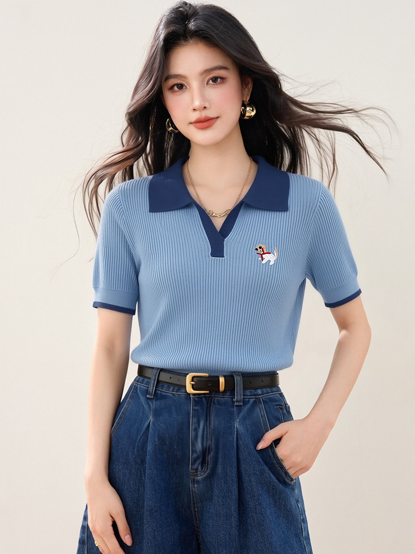 實拍◆有◆2026法式翻領polo針織短袖T恤女氣質修身冰絲撞色上衣