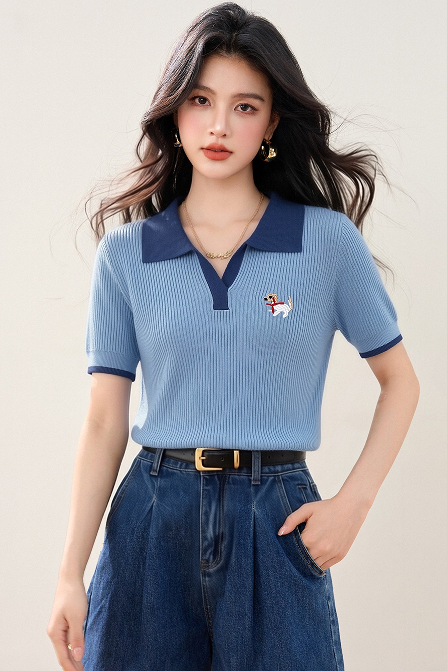 實拍◆有◆2026法式翻領polo針織短袖T恤女氣質修身冰絲撞色上衣