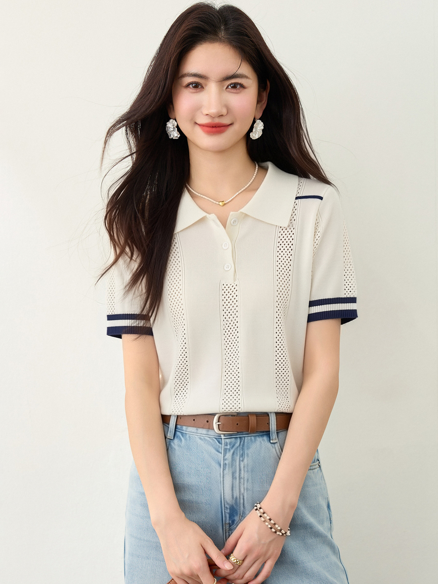 實拍◆有◆2026學院風撞色Polo領針織衫女夏正肩顯瘦短款百搭上衣