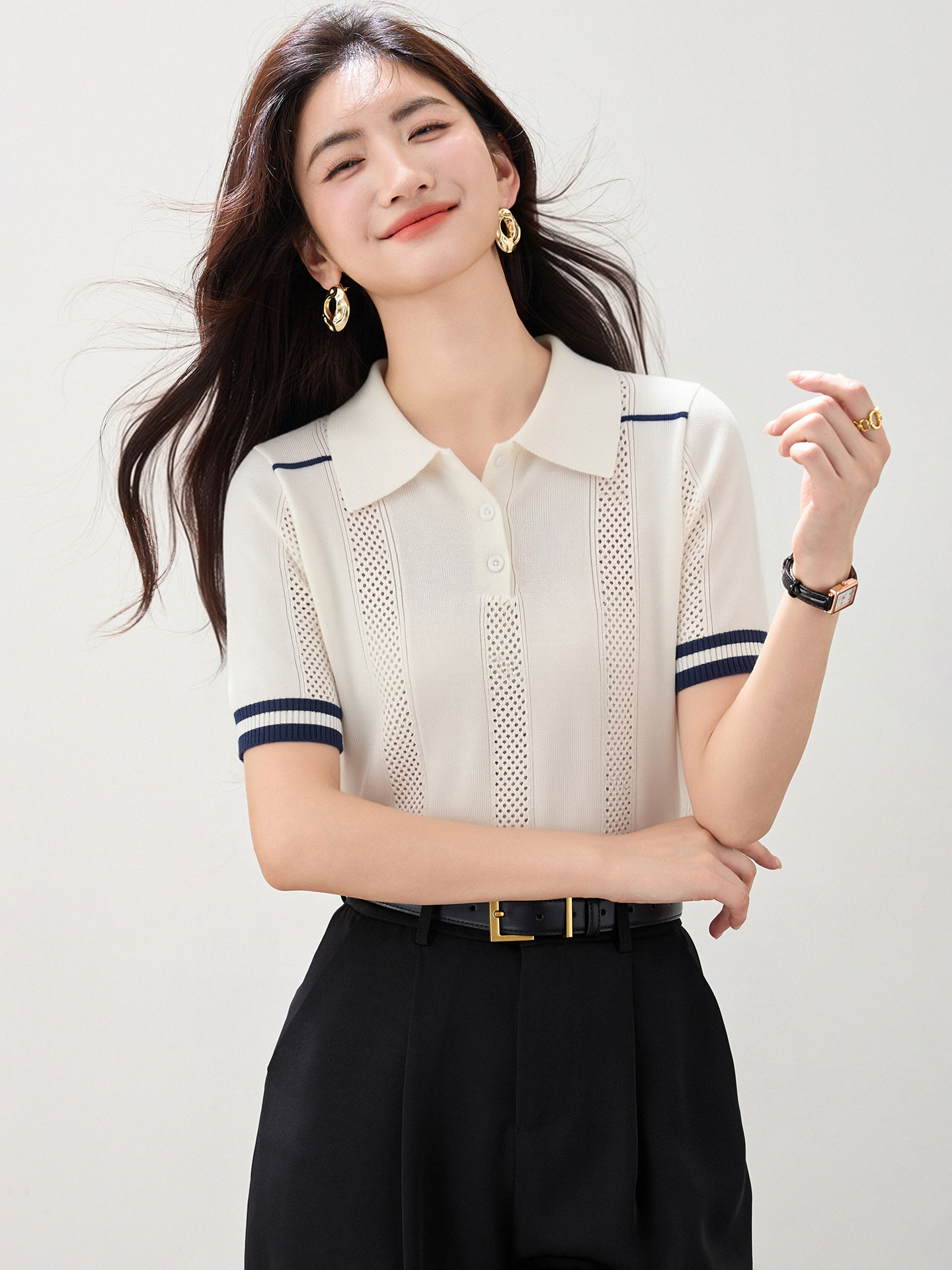 實拍◆有◆2026學院風撞色Polo領針織衫女夏正肩顯瘦短款百搭上衣