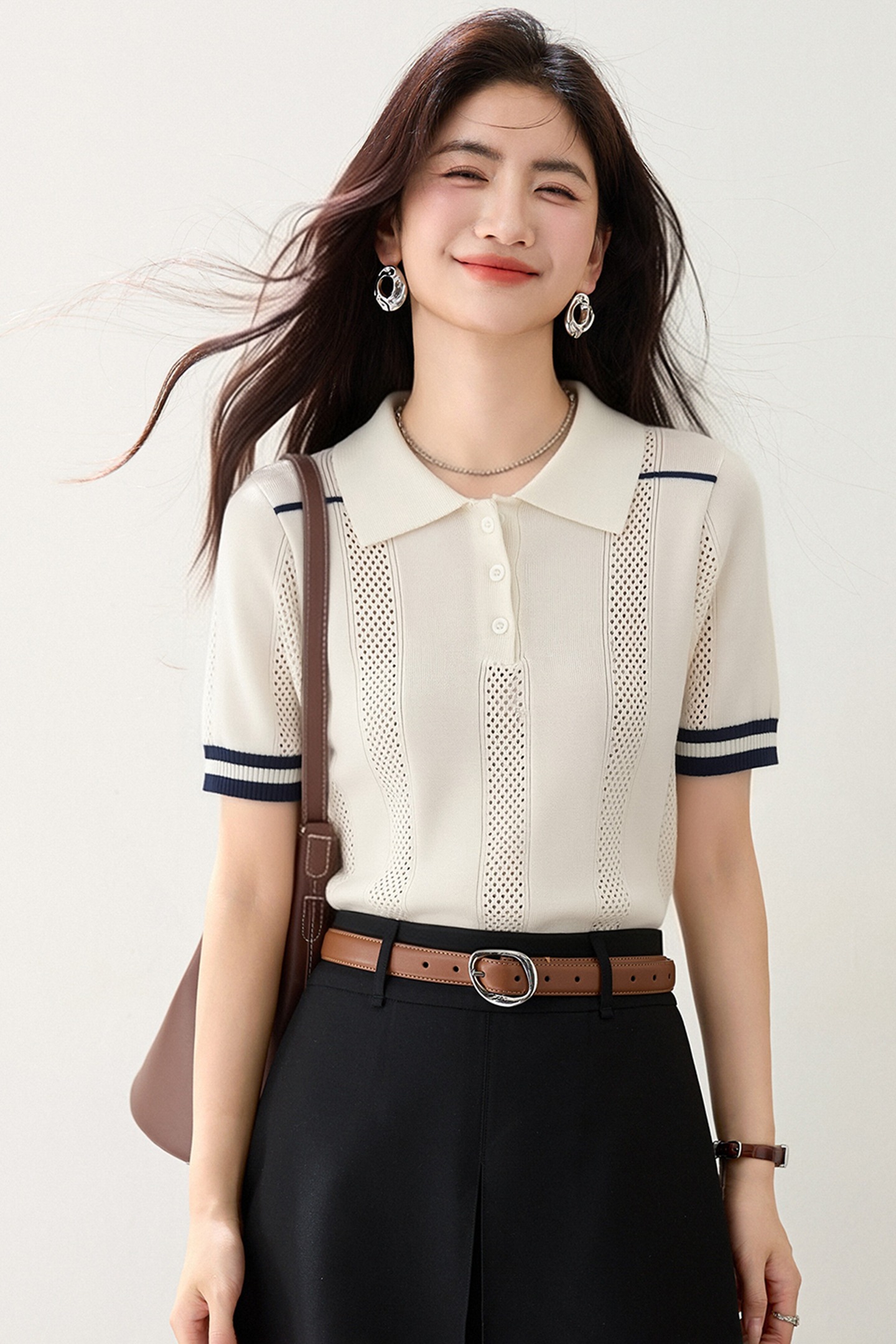 實拍◆有◆2026學院風撞色Polo領針織衫女夏正肩顯瘦短款百搭上衣