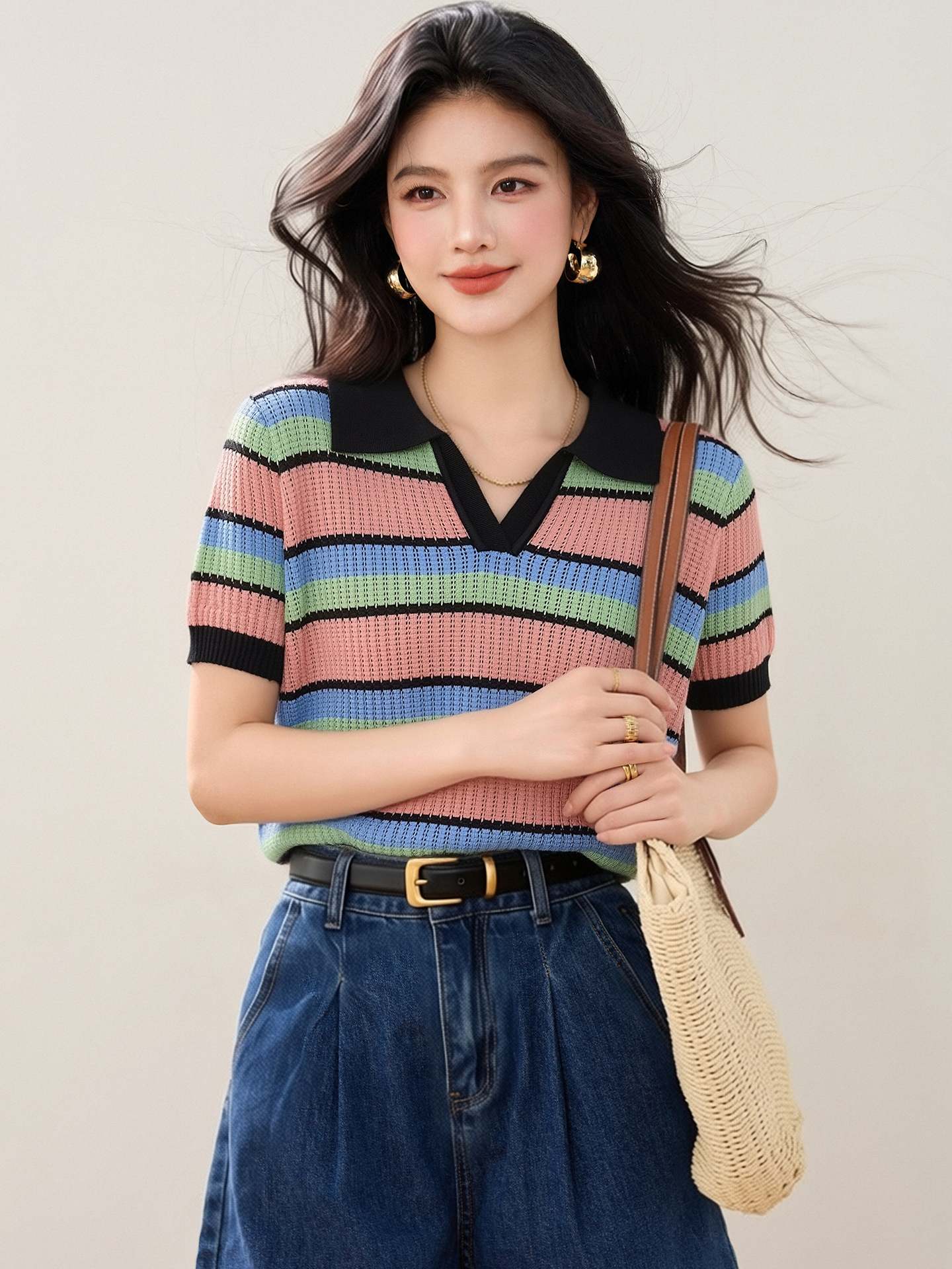 實拍◆有◆2026撞色條紋V領短袖針織衫女夏季氣質減齡顯瘦小上衣