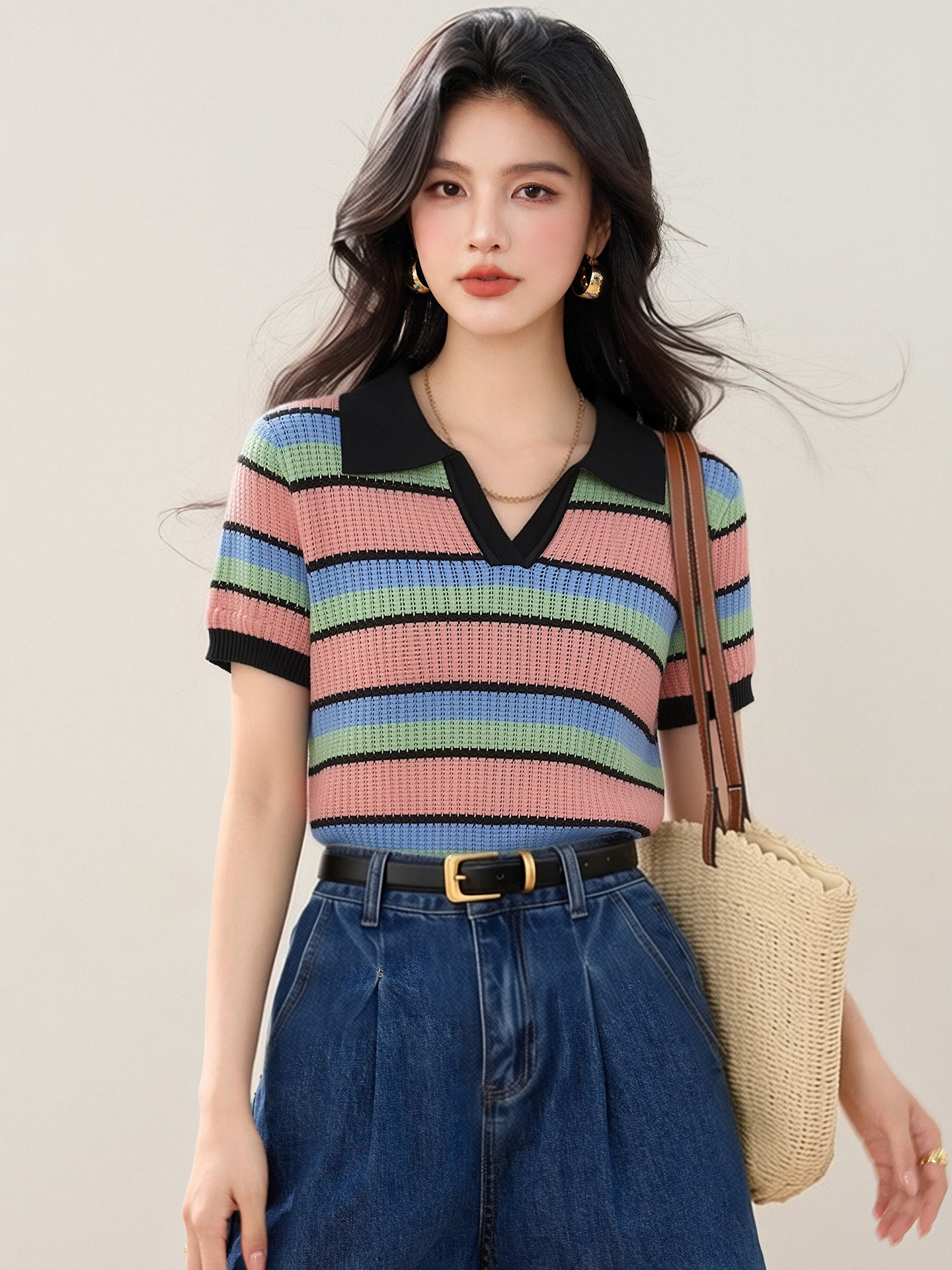 實拍◆有◆2026撞色條紋V領短袖針織衫女夏季氣質減齡顯瘦小上衣