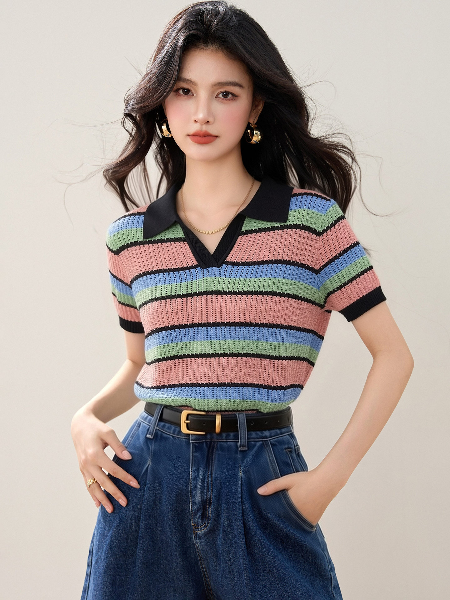 實拍◆有◆2026撞色條紋V領短袖針織衫女夏季氣質減齡顯瘦小上衣