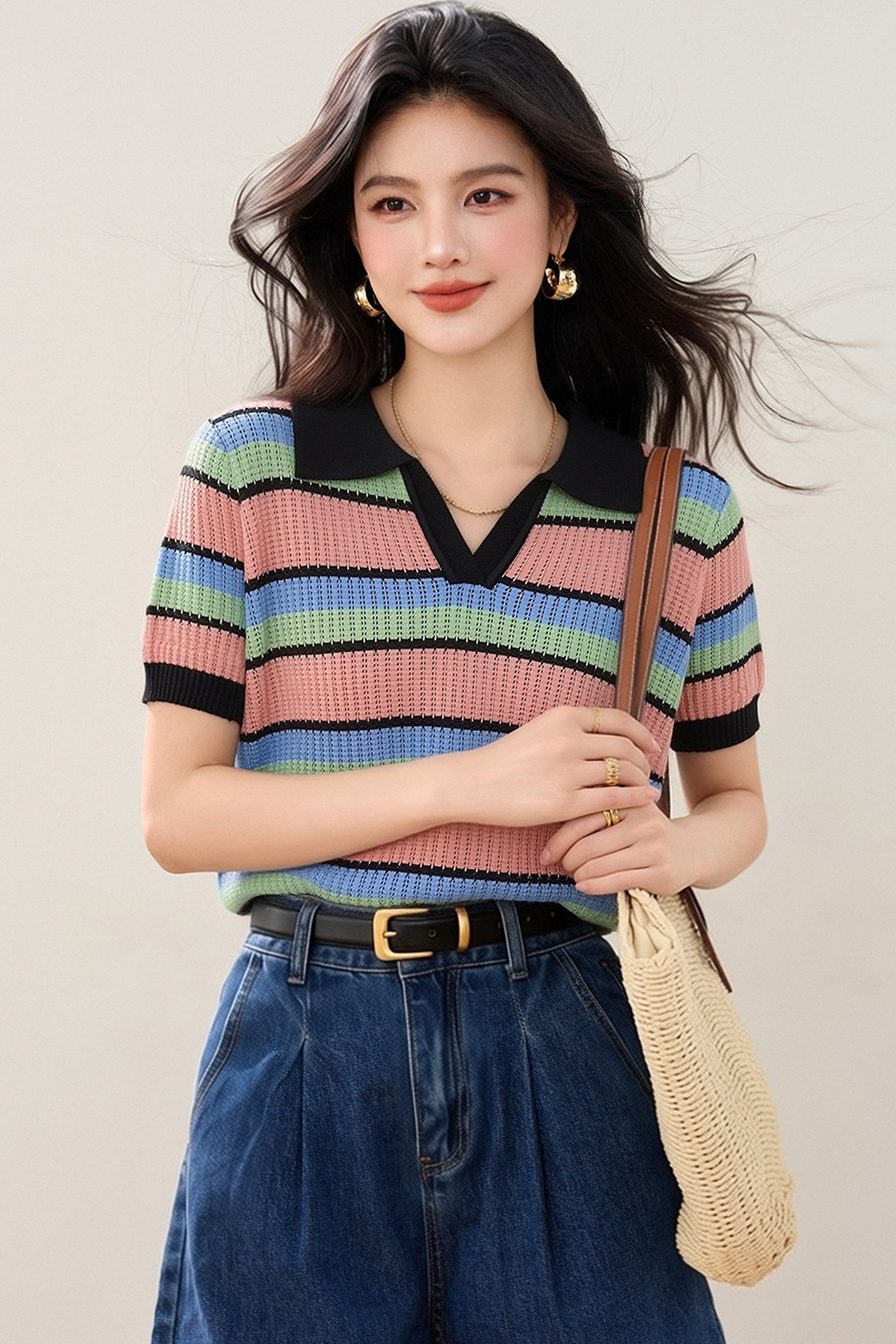 實拍◆有◆2026撞色條紋V領短袖針織衫女夏季氣質減齡顯瘦小上衣