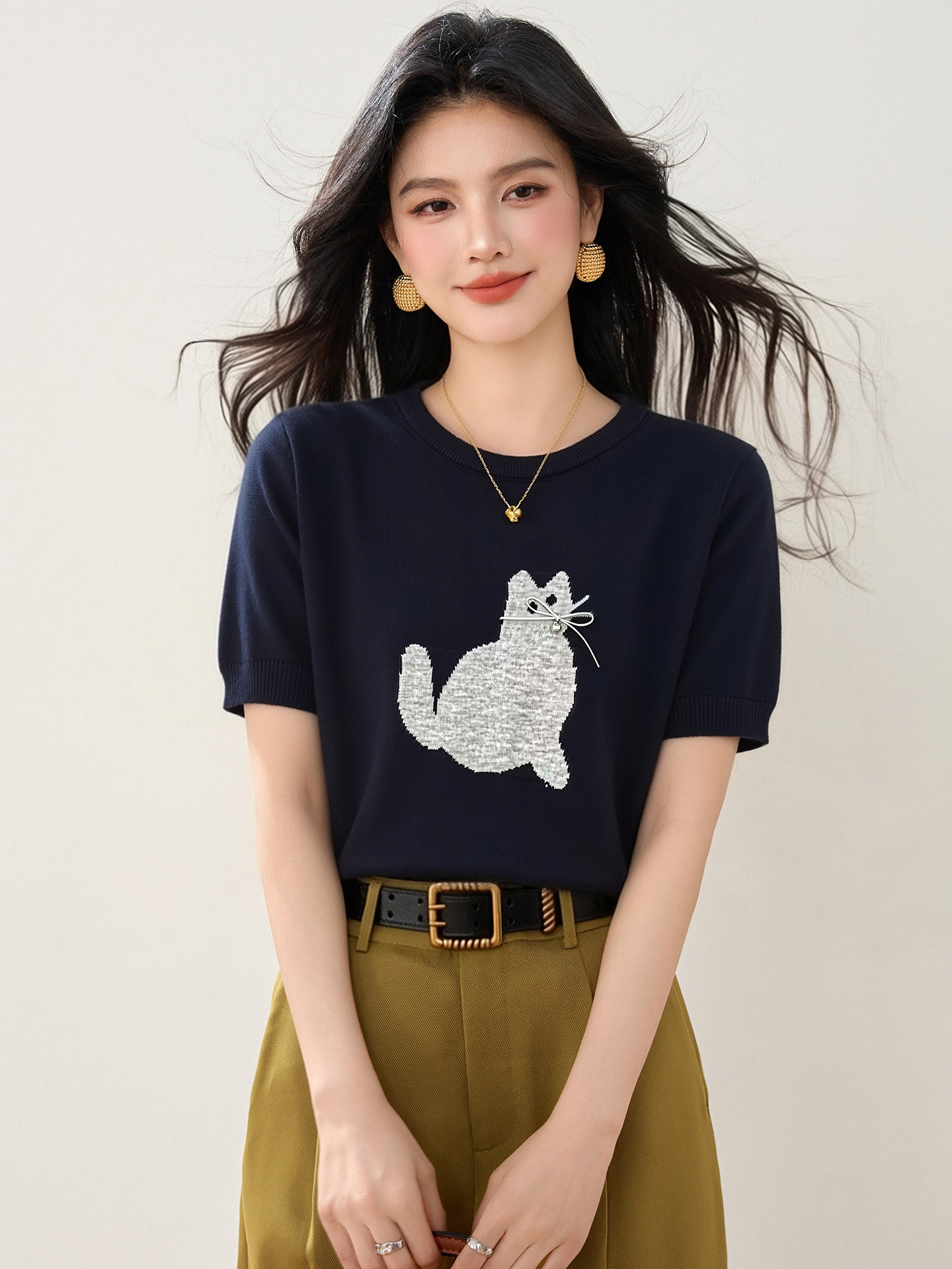 實拍◆有◆2026韓系卡通小貓薄款圓領短衫夏寬松顯瘦T恤減齡上衣