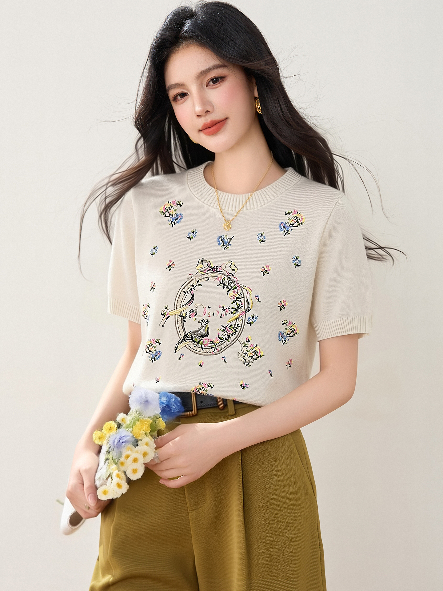 實拍◆有◆2026法式甜美圓領短袖女夏新款印花設計感小眾顯瘦上衣