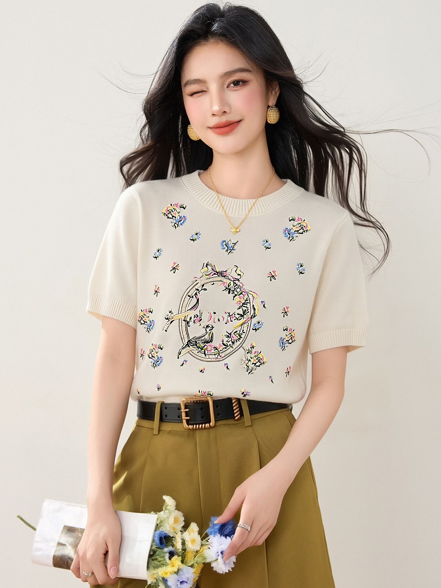 實拍◆有◆2026法式甜美圓領短袖女夏新款印花設計感小眾顯瘦上衣