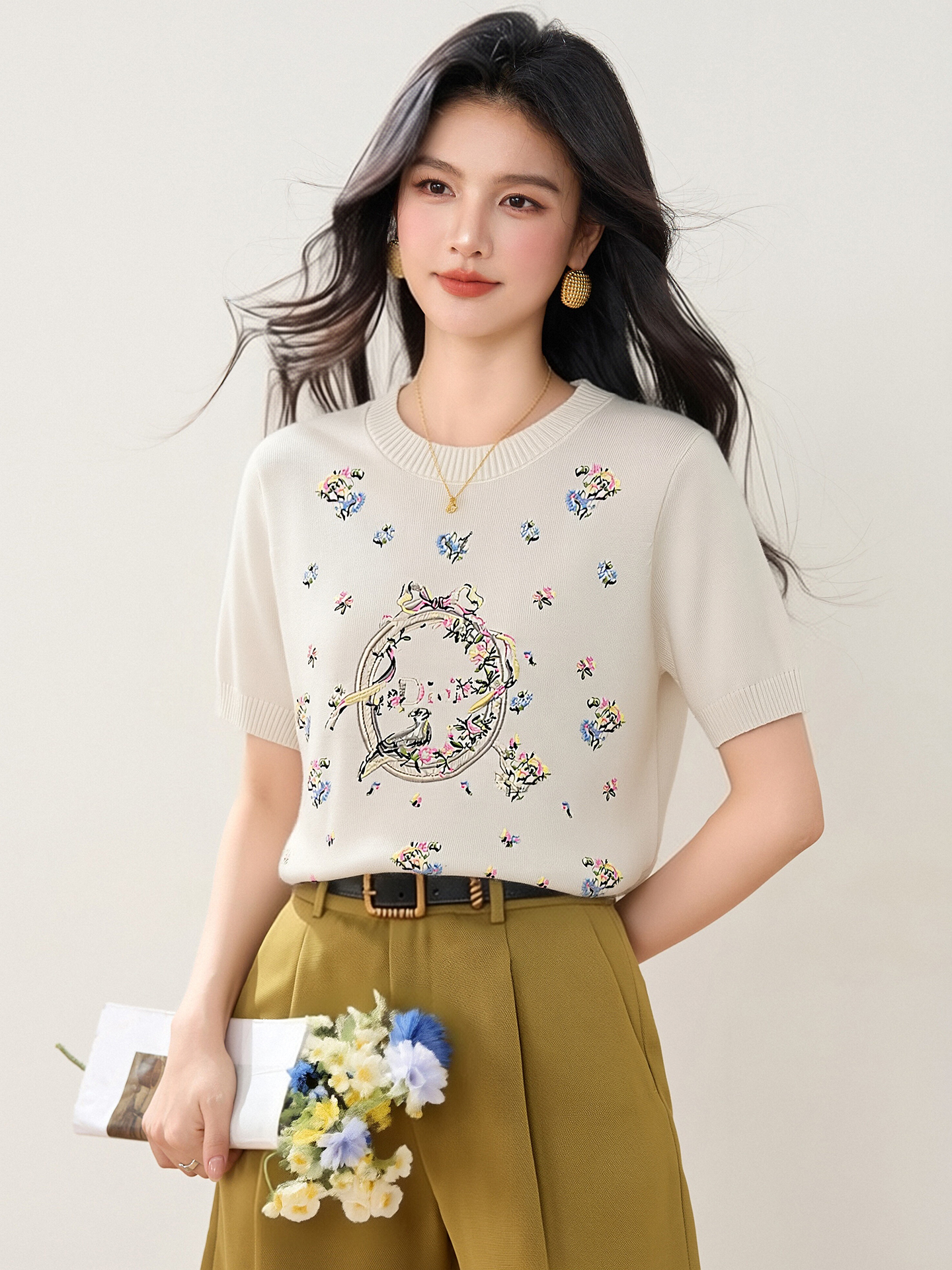 實拍◆有◆2026法式甜美圓領短袖女夏新款印花設計感小眾顯瘦上衣