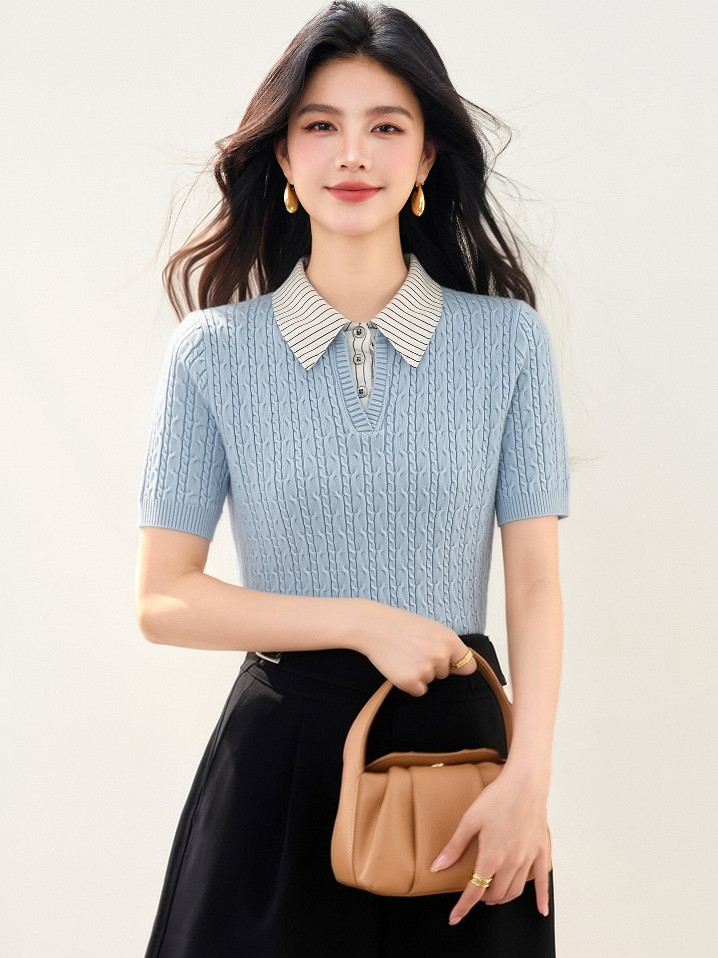 實拍◆有◆2026條紋翻領麻花針織短袖韓系復古學院減齡修身上衣