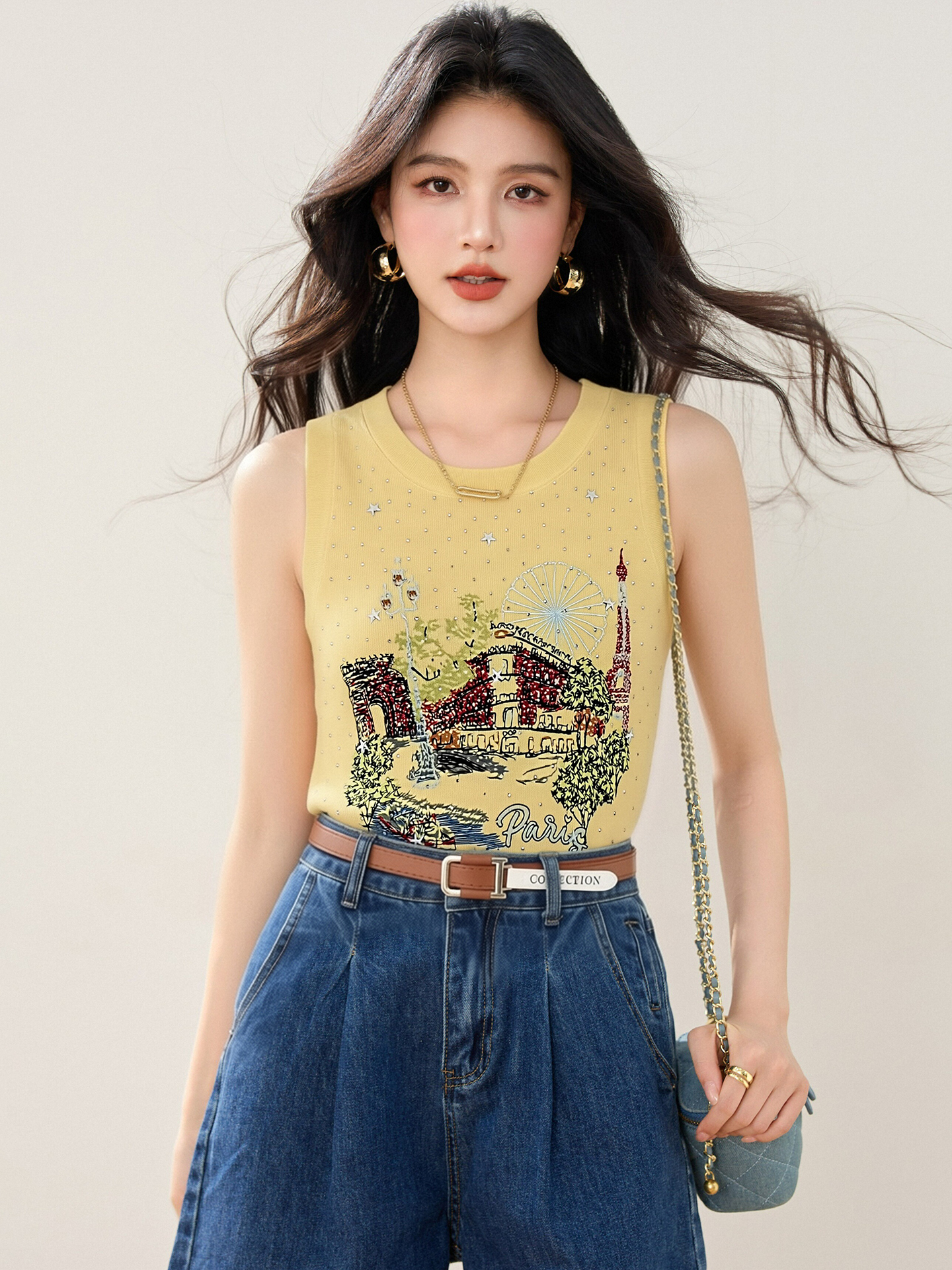 實拍◆有◆2026高級感燙鉆刺繡背心女夏圓領針織吊帶辣妹無袖上衣