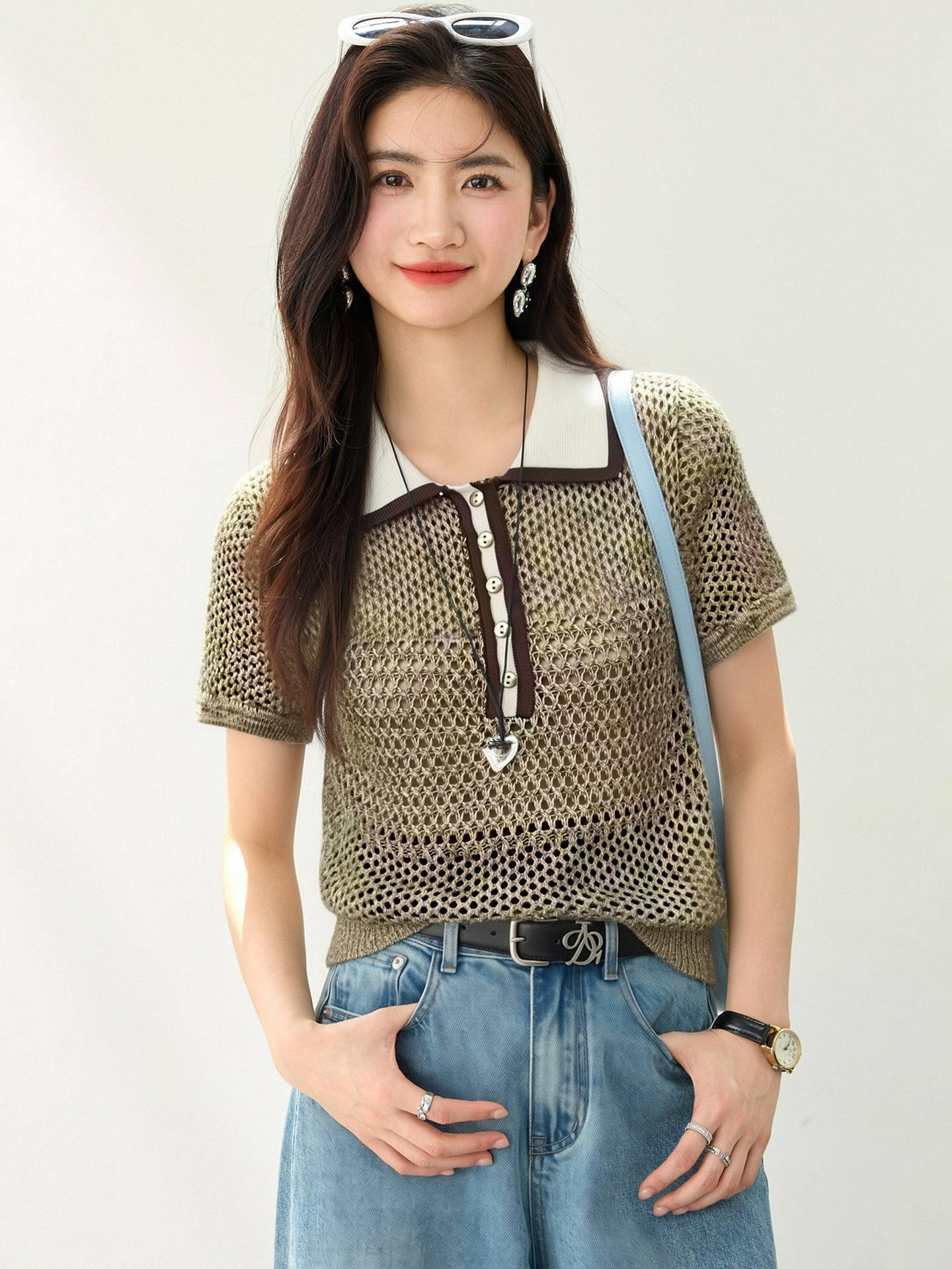 實拍◆有◆2026老錢風復古撞色polo領短袖女氣質顯瘦修身鏤空上衣