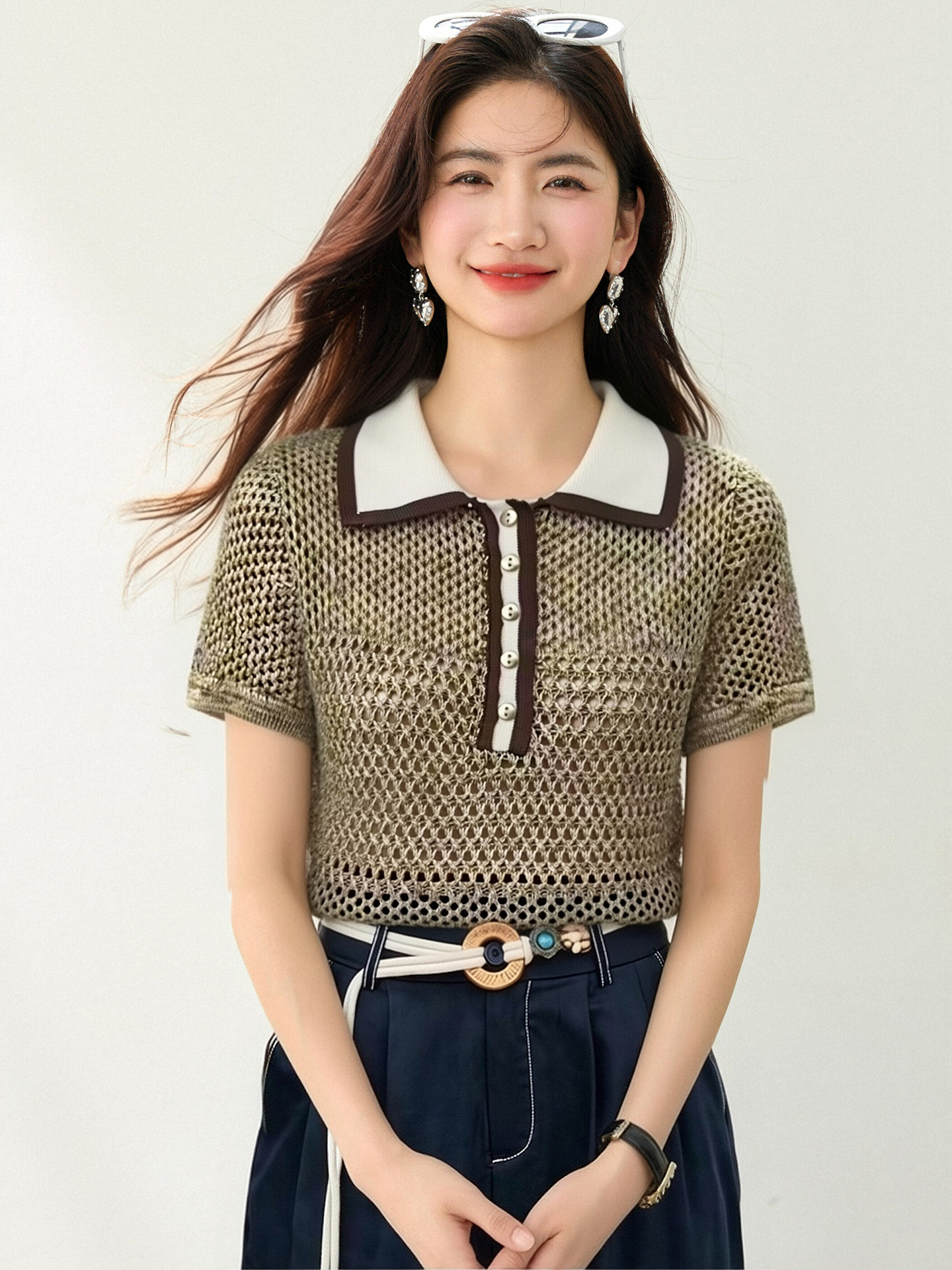實拍◆有◆2026老錢風復古撞色polo領短袖女氣質顯瘦修身鏤空上衣
