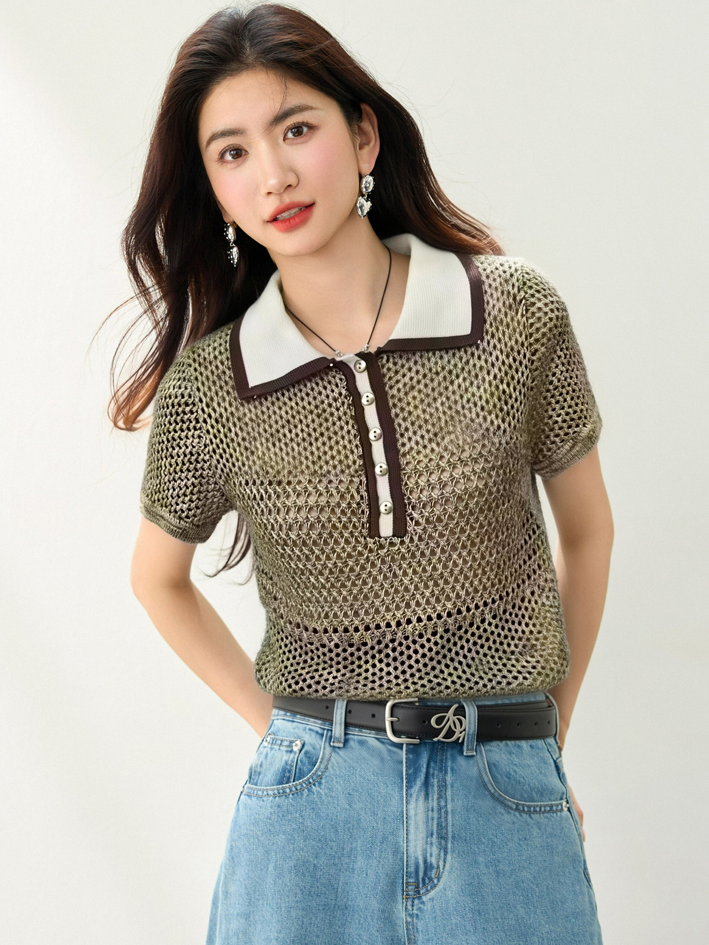 實拍◆有◆2026老錢風復古撞色polo領短袖女氣質顯瘦修身鏤空上衣