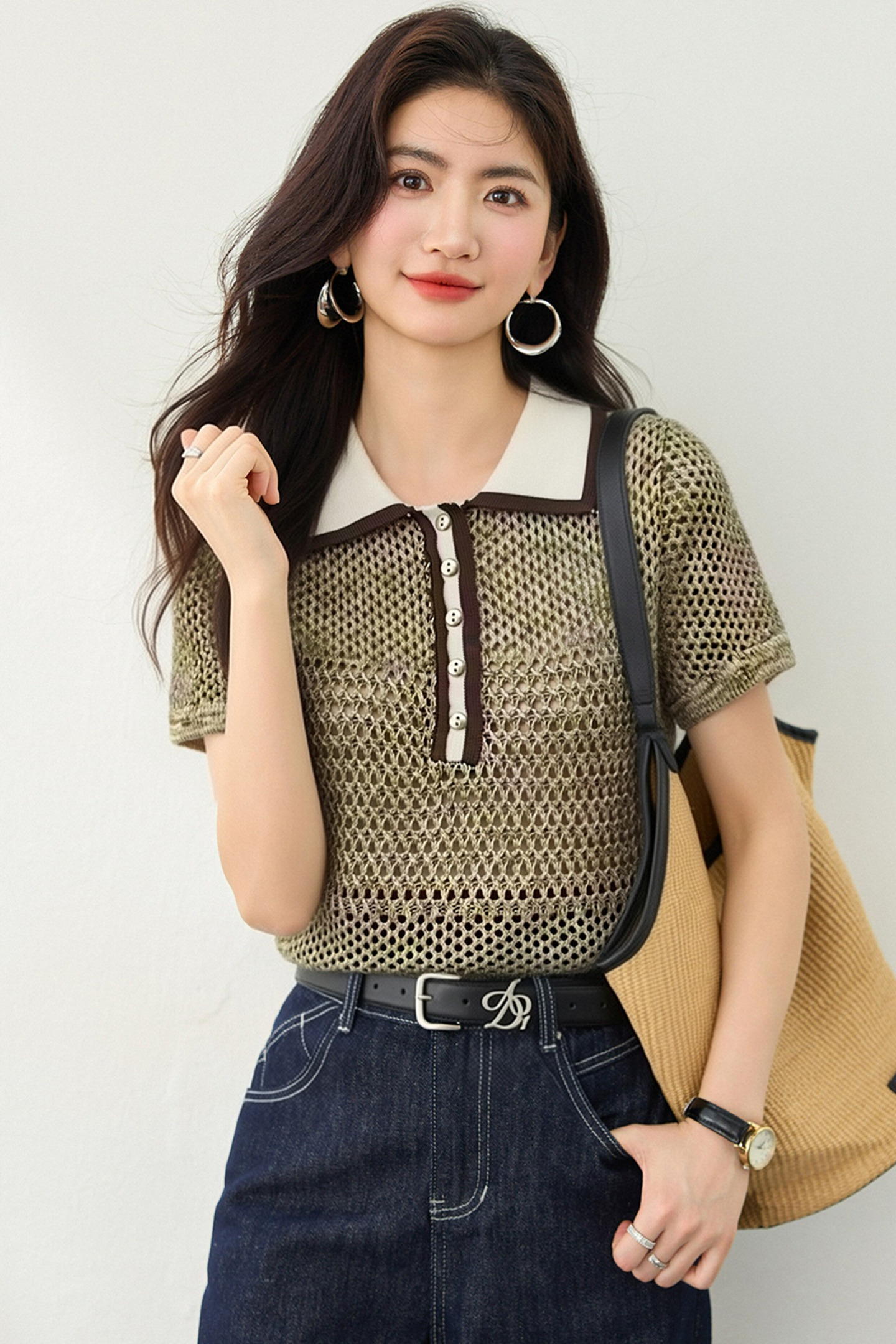 實拍◆有◆2026老錢風復古撞色polo領短袖女氣質顯瘦修身鏤空上衣