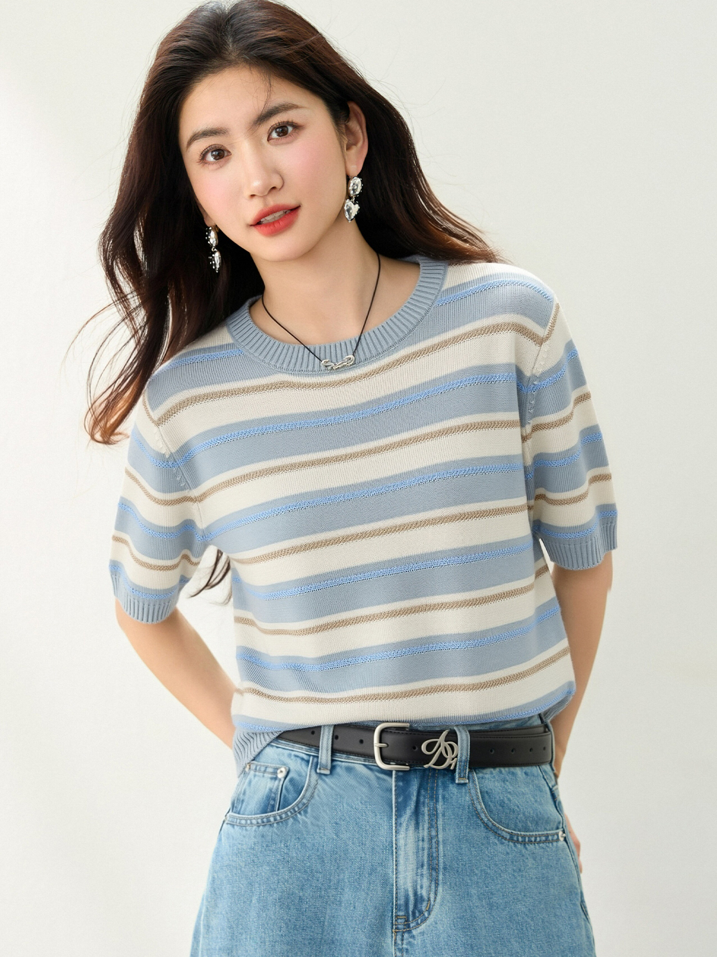 實拍◆有◆2026韓系藍色條紋正肩短袖t恤女夏季新款寬松氣質上衣