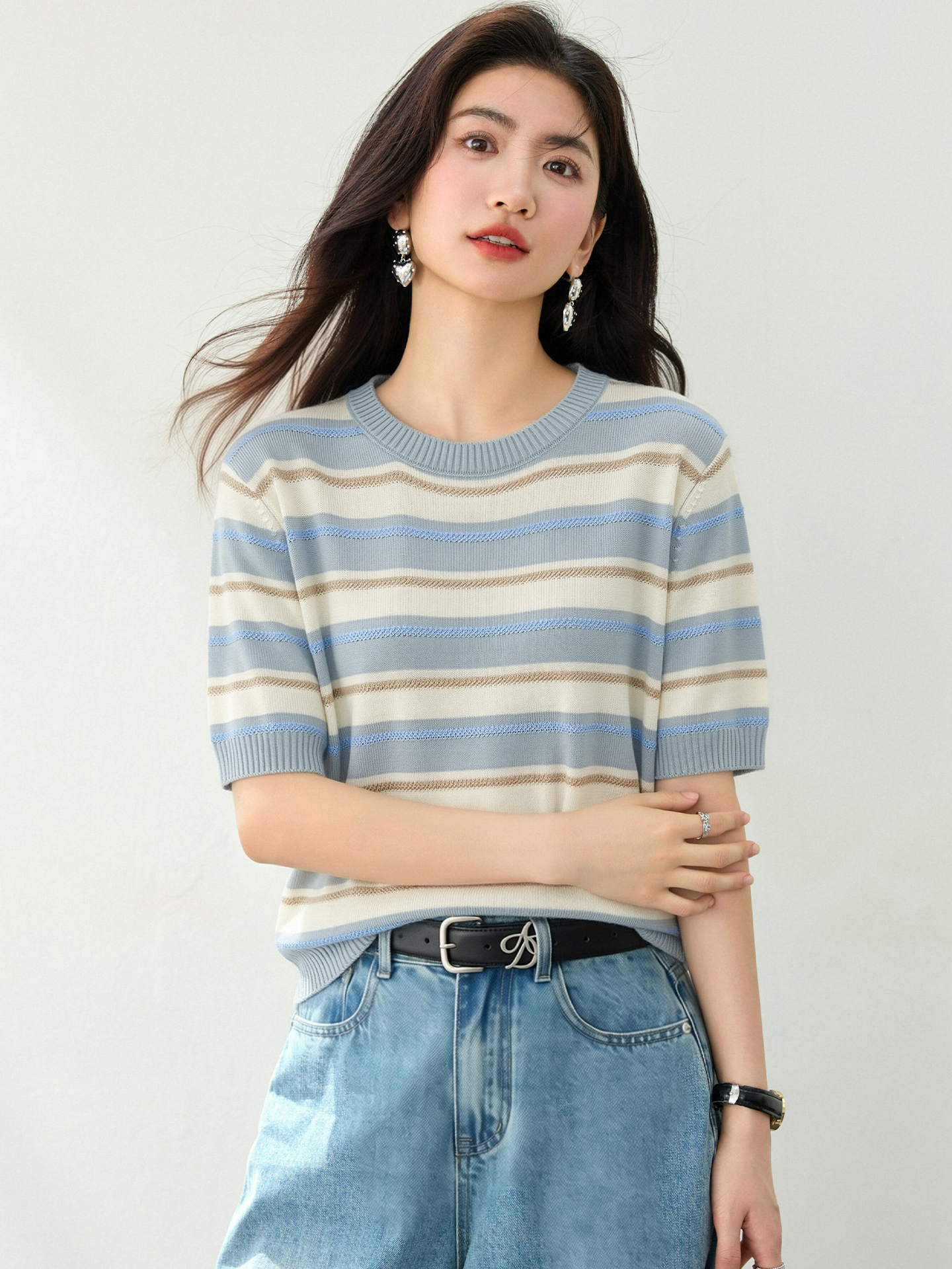 實拍◆有◆2026韓系藍色條紋正肩短袖t恤女夏季新款寬松氣質上衣