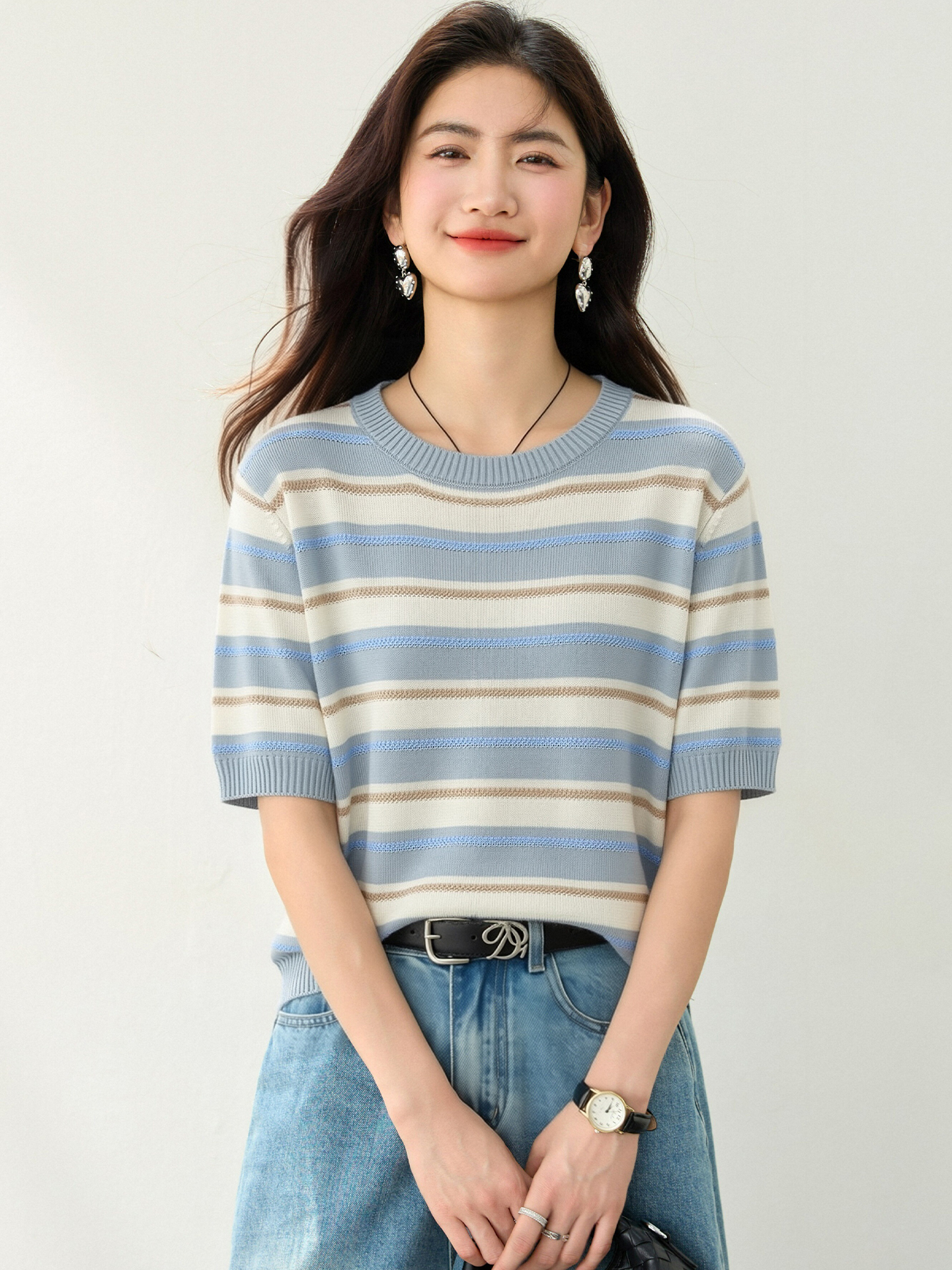 實拍◆有◆2026韓系藍色條紋正肩短袖t恤女夏季新款寬松氣質上衣