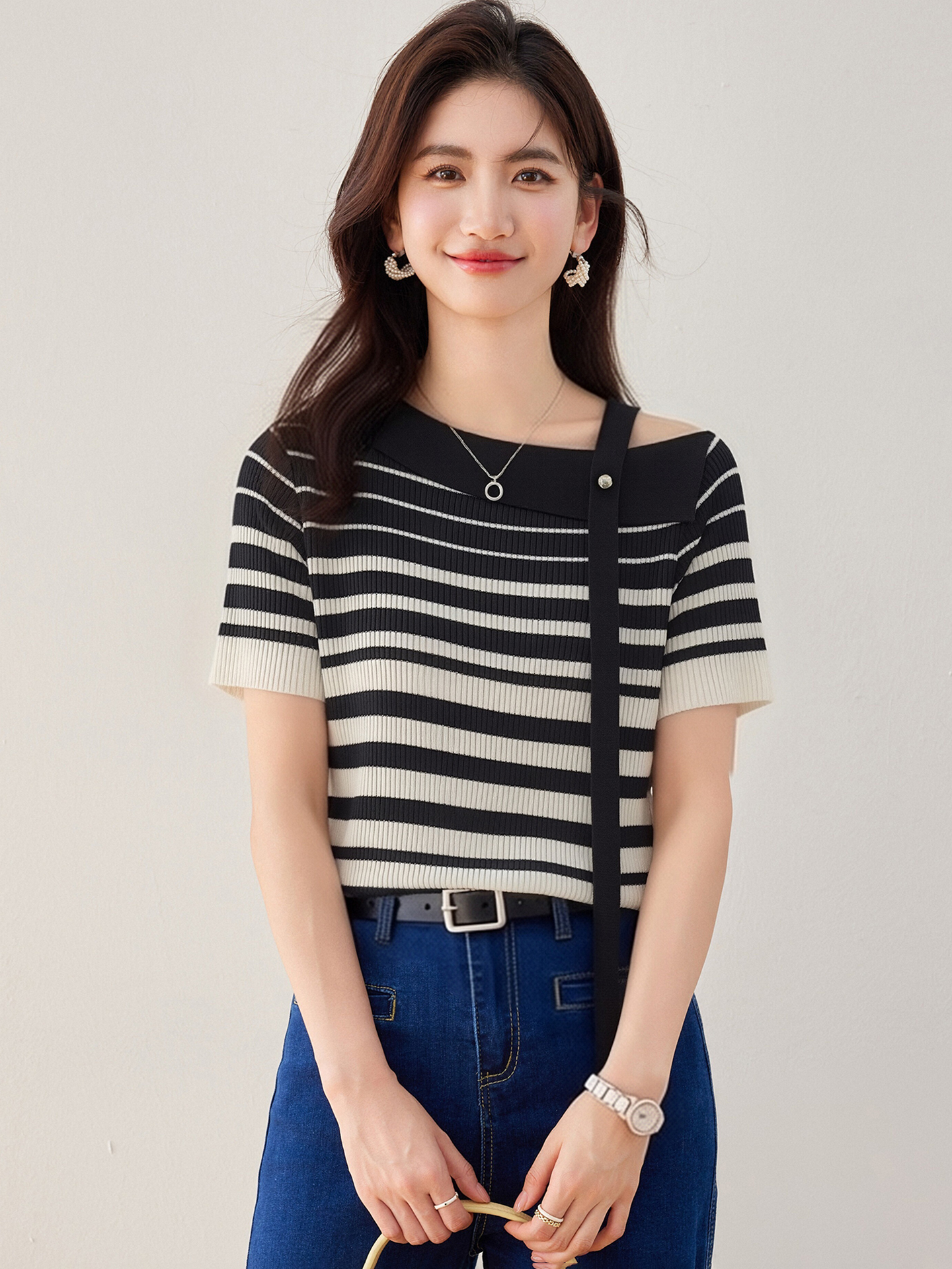 實拍◆有◆2026韓系撞色條紋斜肩短袖夏季新款女別致顯瘦百搭上衣