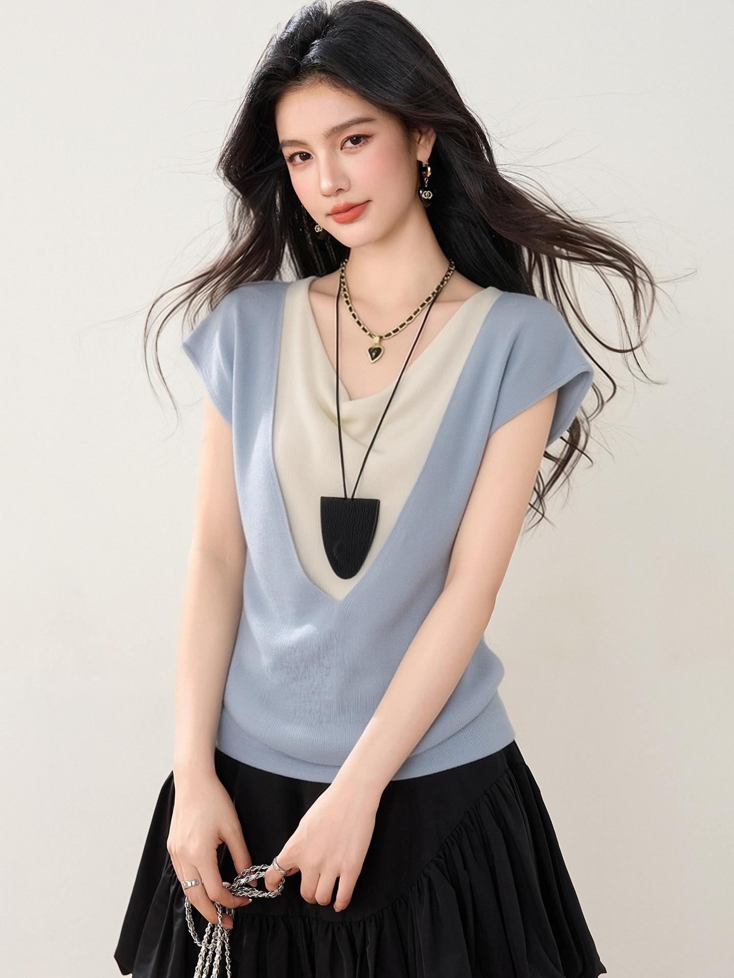 實拍◆有◆2026韓系撞色假兩件蕩領針織衫女夏季新款顯瘦別致上衣