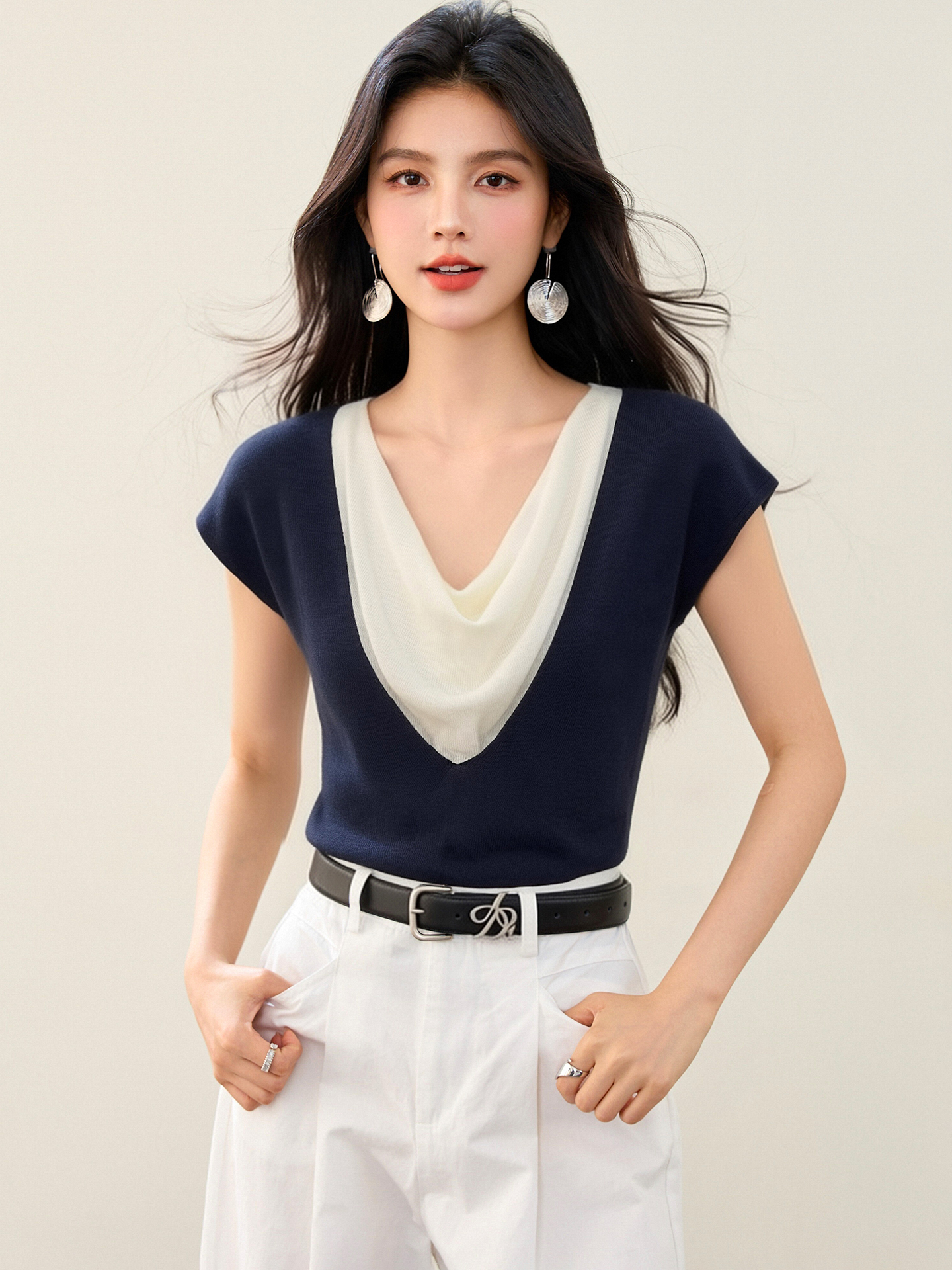 實拍◆有◆2026韓系撞色假兩件蕩領針織衫女夏季新款顯瘦別致上衣