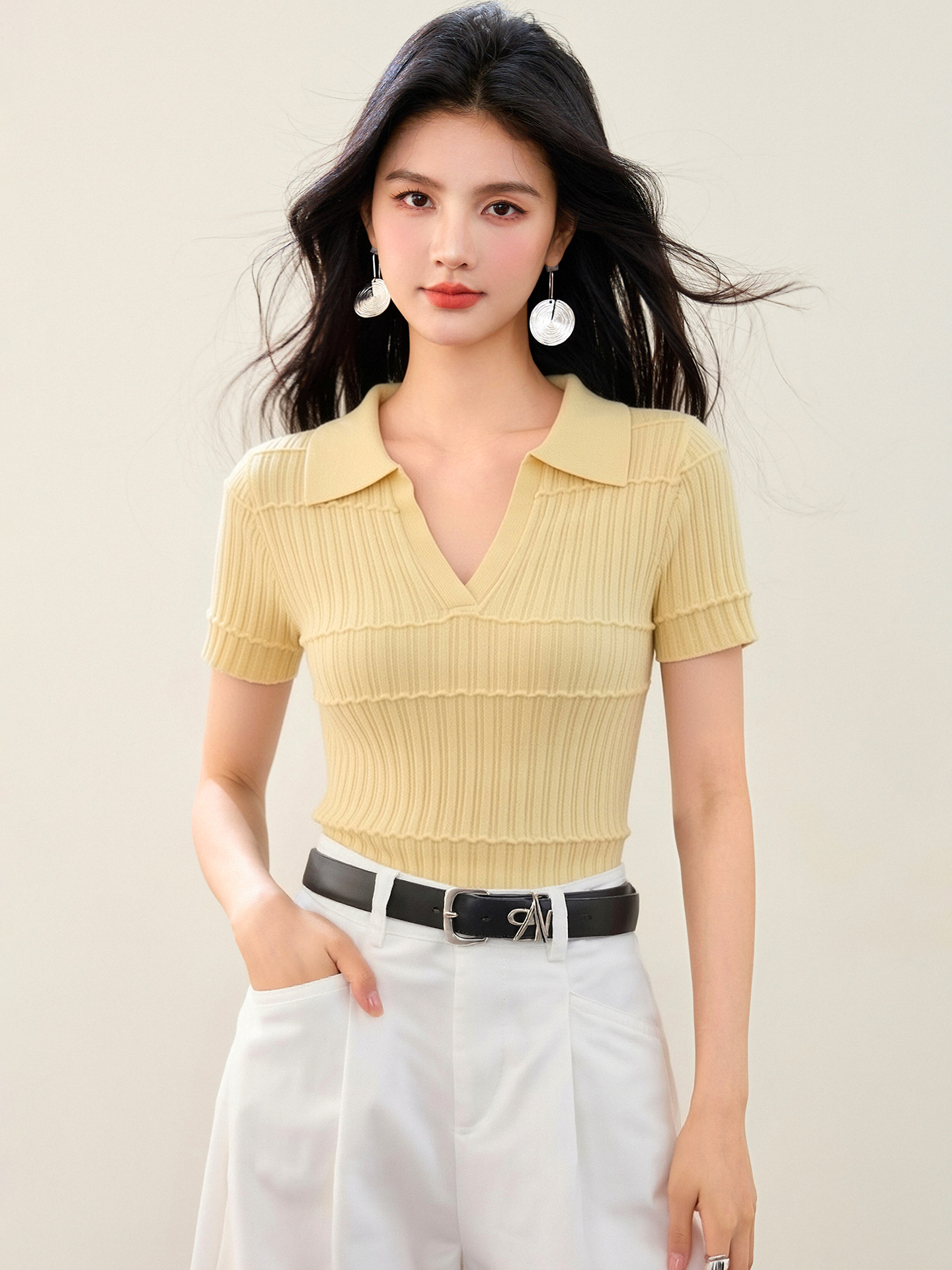 實拍◆有◆2026polo領正肩針織短袖女夏季新款紐扣肌理感修身上衣