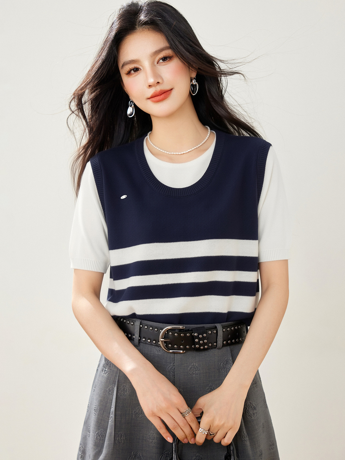 實拍◆有◆2026學院風撞色條紋假兩件短袖針織T恤女夏季顯瘦上衣