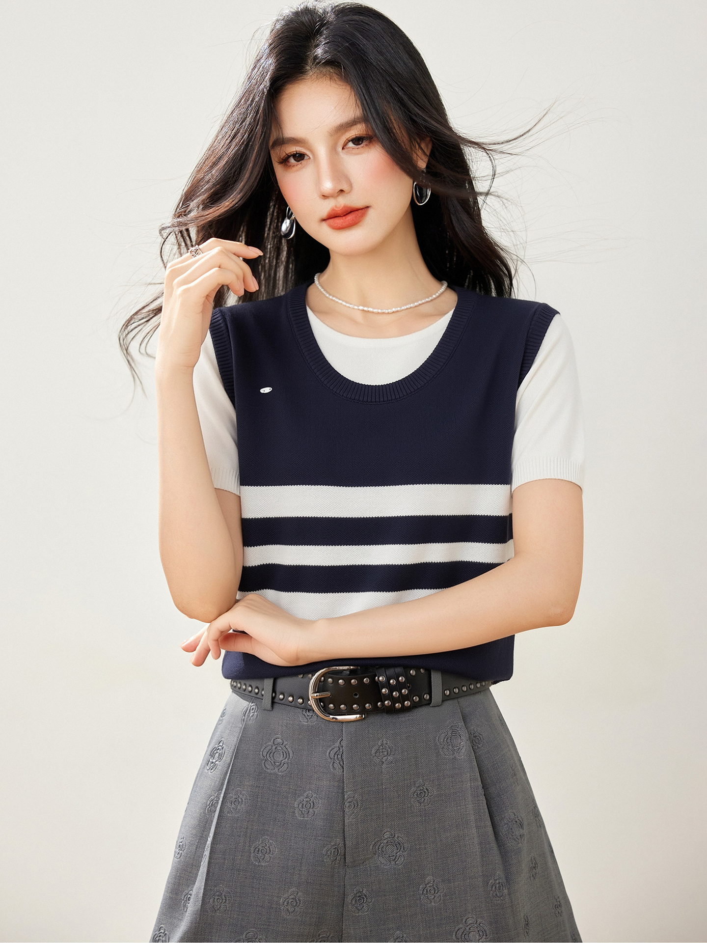 實拍◆有◆2026學院風撞色條紋假兩件短袖針織T恤女夏季顯瘦上衣