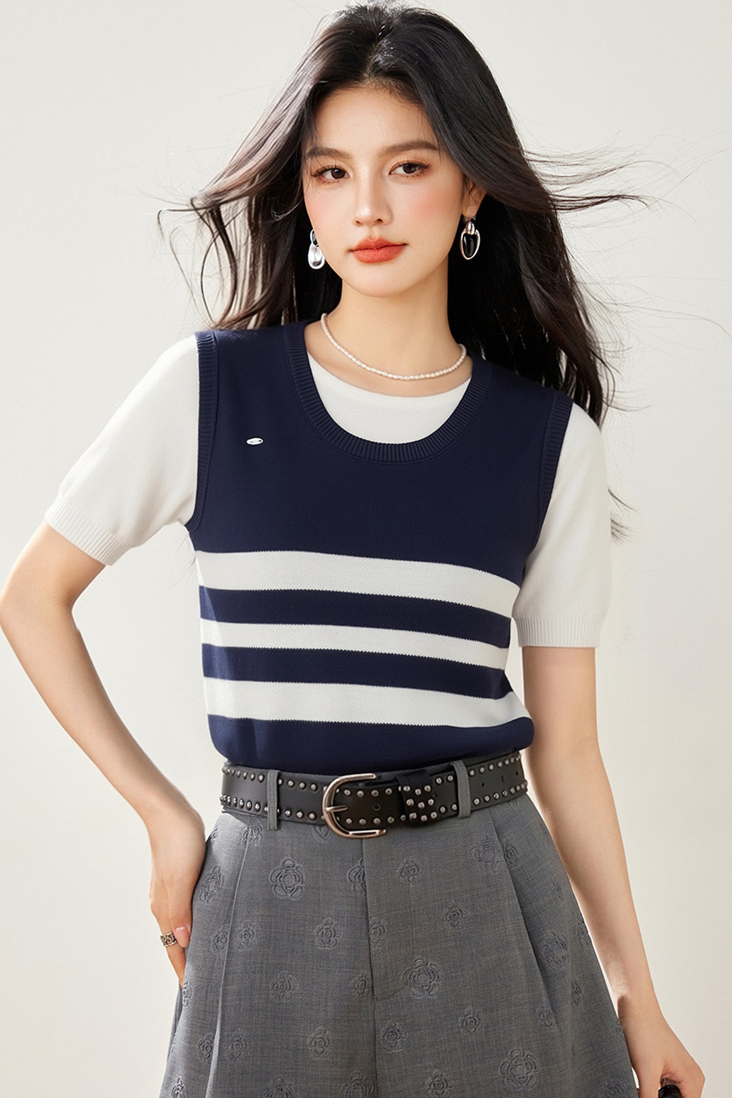實拍◆有◆2026學院風撞色條紋假兩件短袖針織T恤女夏季顯瘦上衣