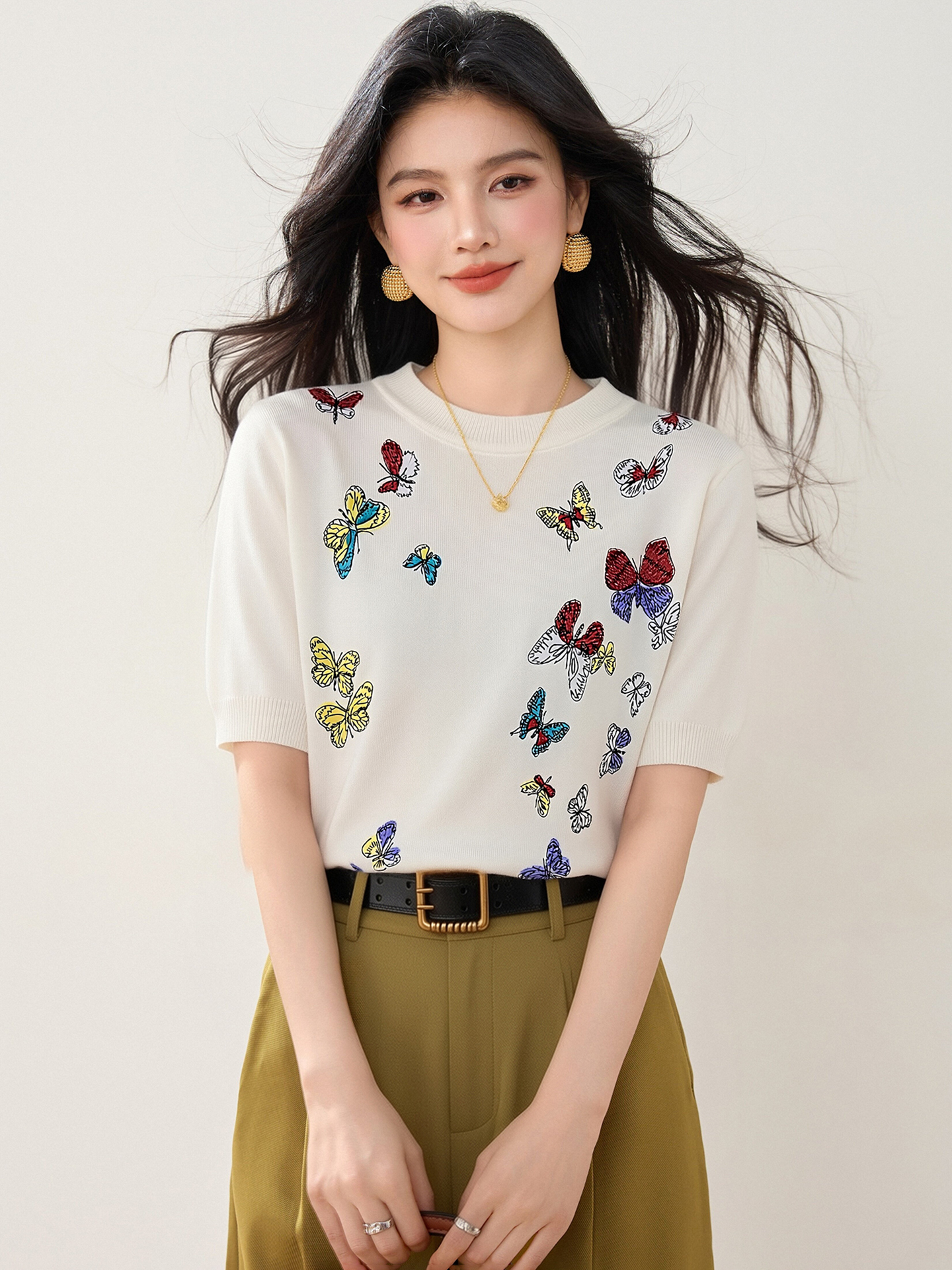 實拍◆有◆2026夏季彩色蝴蝶刺繡短袖針織圓領顯瘦上衣設計感T恤