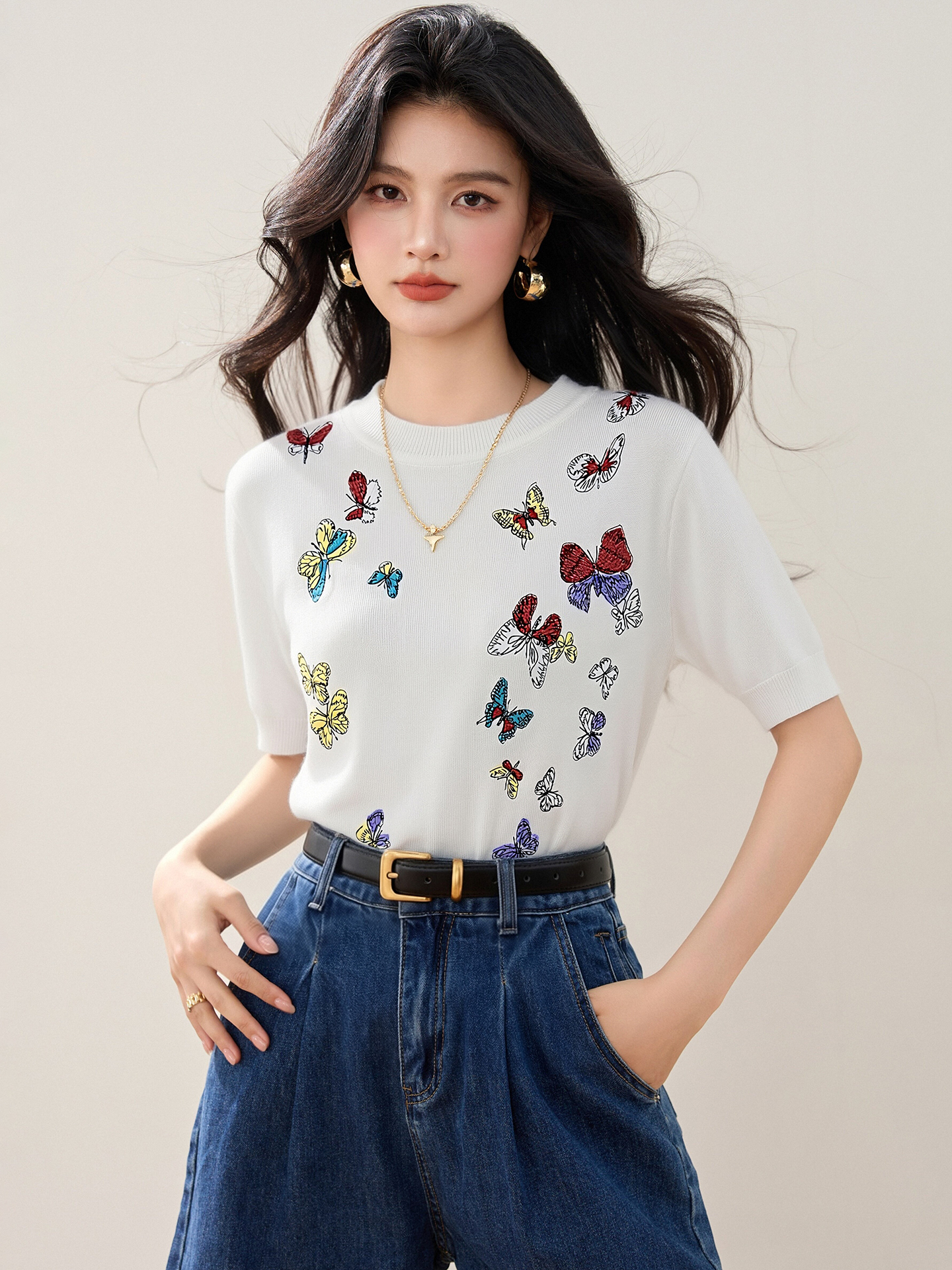 實拍◆有◆2026夏季彩色蝴蝶刺繡短袖針織圓領顯瘦上衣設計感T恤