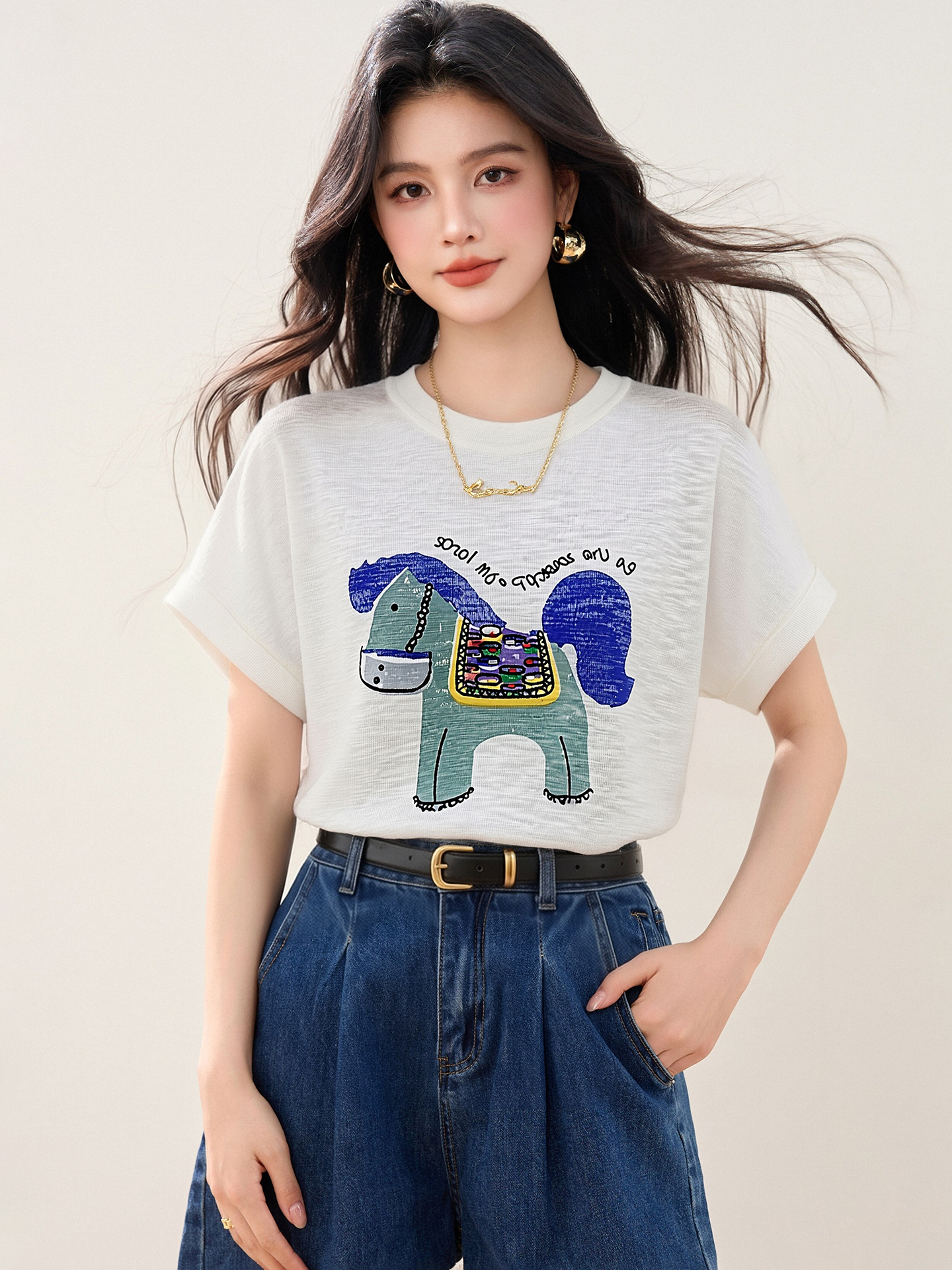 實拍◆有◆2026簡約圓領小馬印花短袖T恤女韓版寬松顯瘦減齡上衣