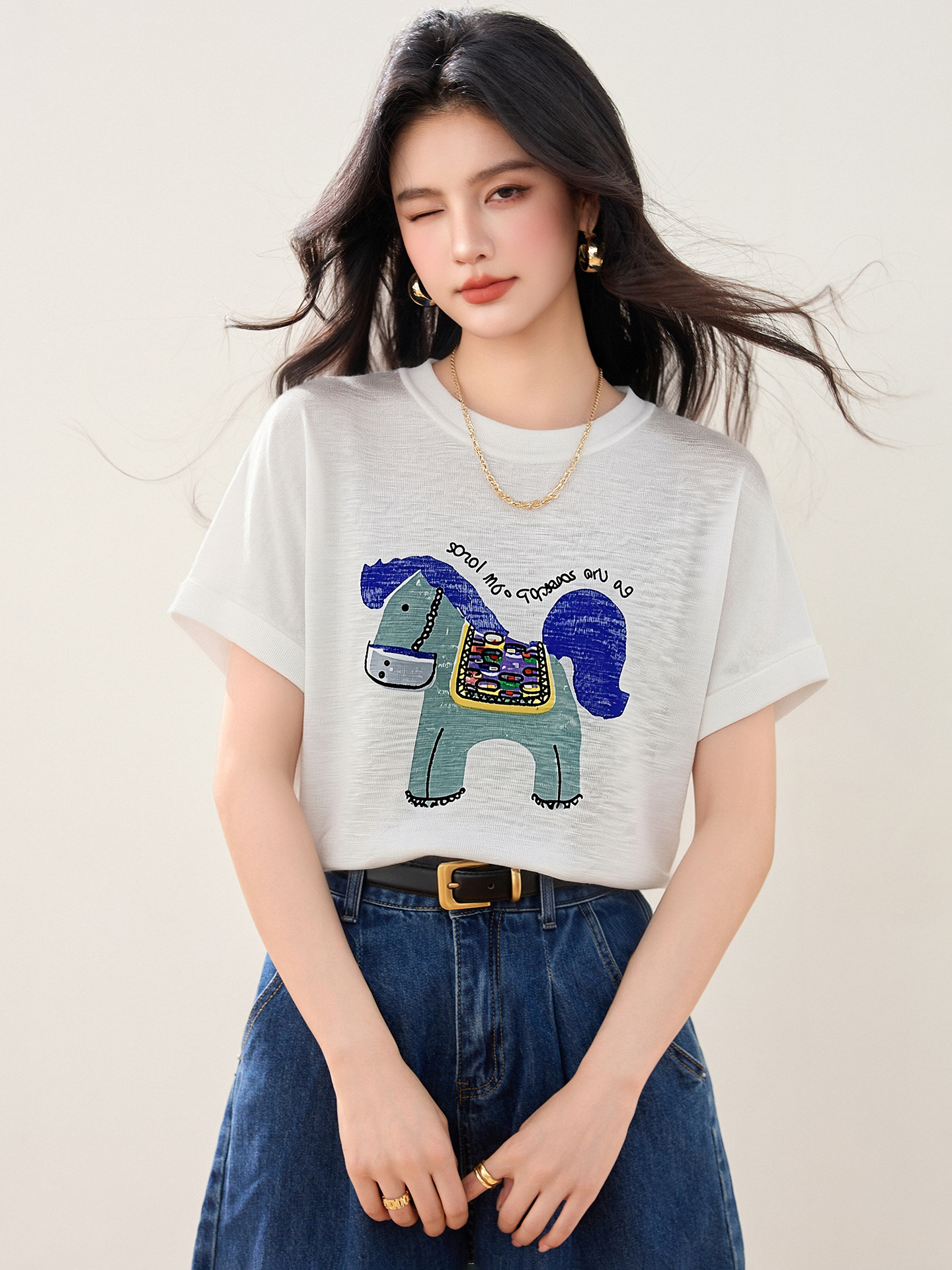 實拍◆有◆2026簡約圓領小馬印花短袖T恤女韓版寬松顯瘦減齡上衣