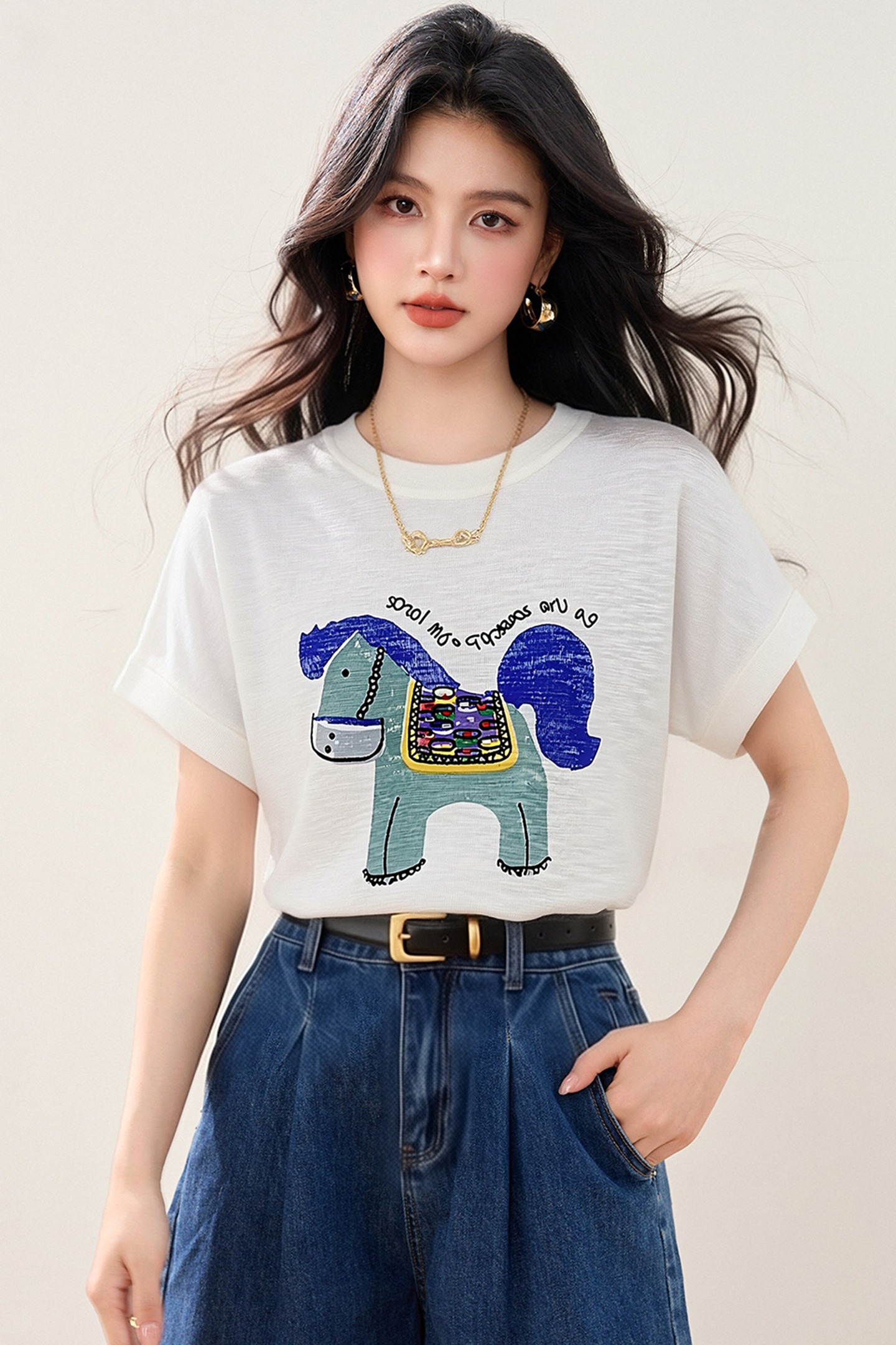 實拍◆有◆2026簡約圓領小馬印花短袖T恤女韓版寬松顯瘦減齡上衣