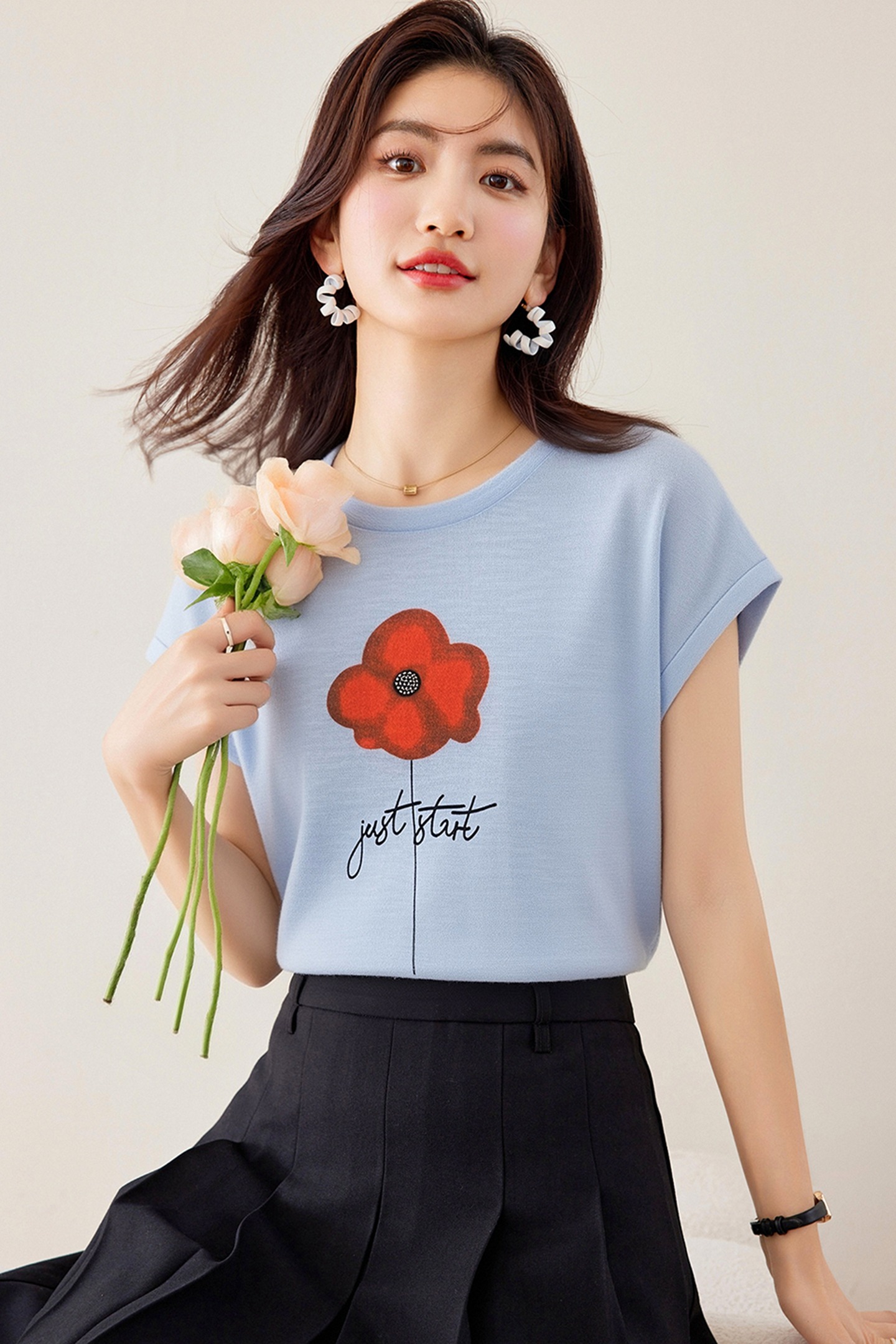 實拍◆有◆2026花朵字母印花短袖T恤女夏季寬松顯瘦減齡休閑上衣