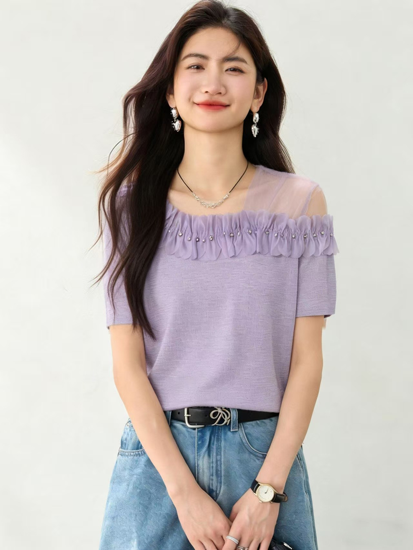 實拍◆有◆2026法式網紗露肩荷葉邊短袖女新款立體花朵減齡上衣