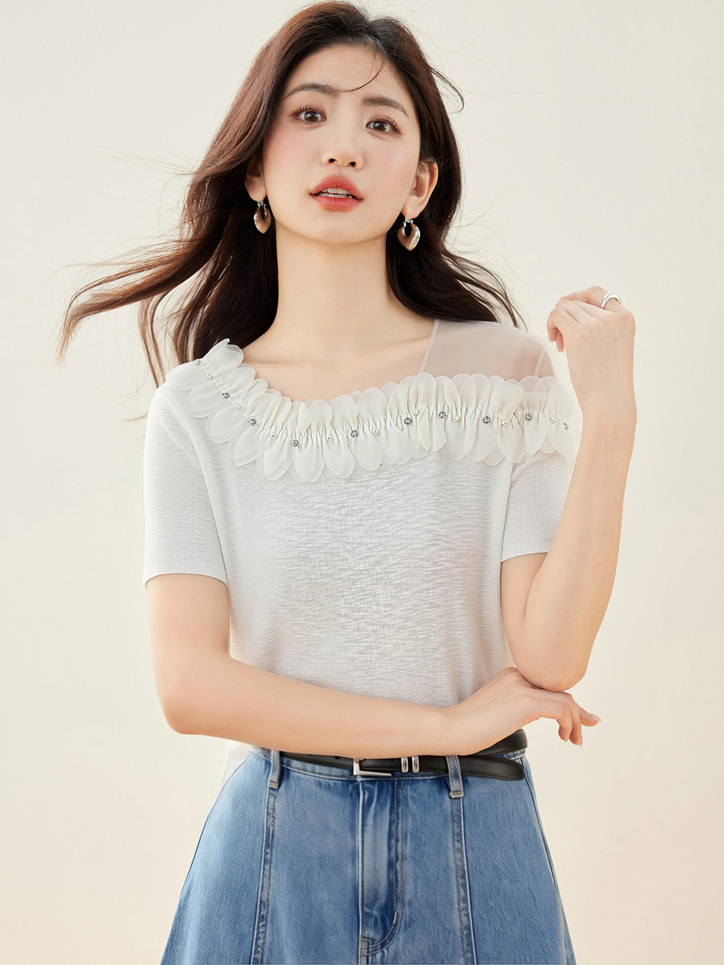 實拍◆有◆2026法式網紗露肩荷葉邊短袖女新款立體花朵減齡上衣