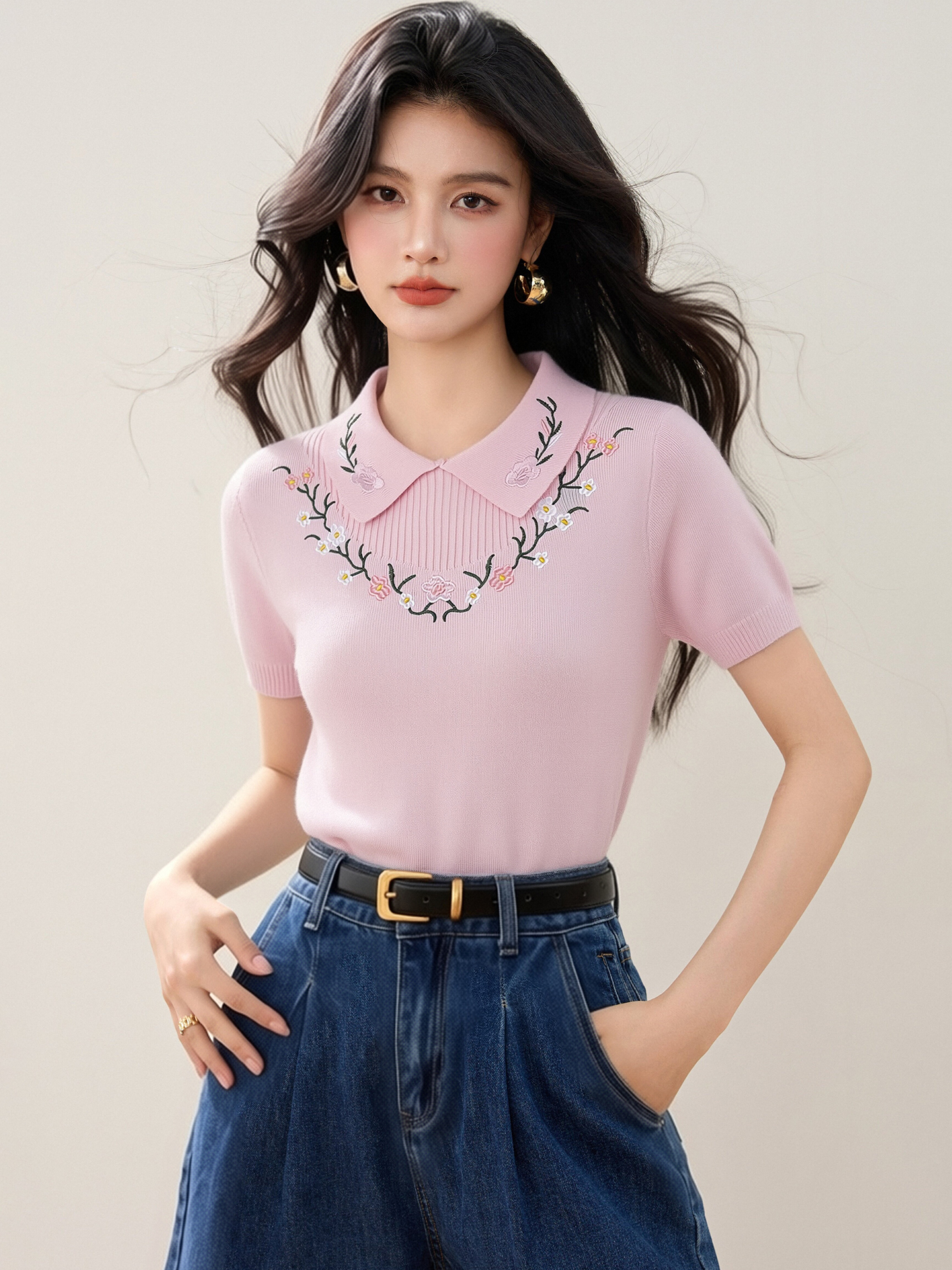 實拍◆有◆2026法式翻領花朵刺繡針織衫女夏季新款高級感氣質上衣