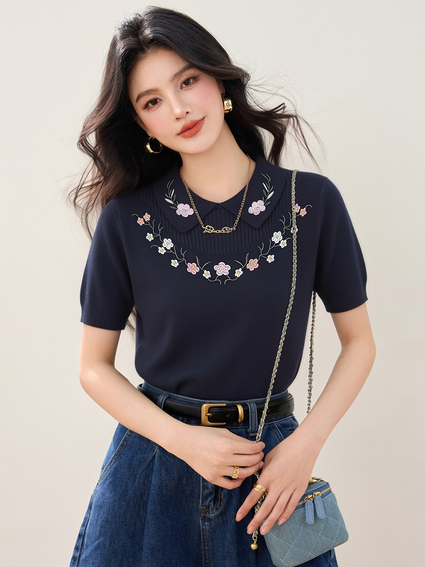 實拍◆有◆2026法式翻領花朵刺繡針織衫女夏季新款高級感氣質上衣