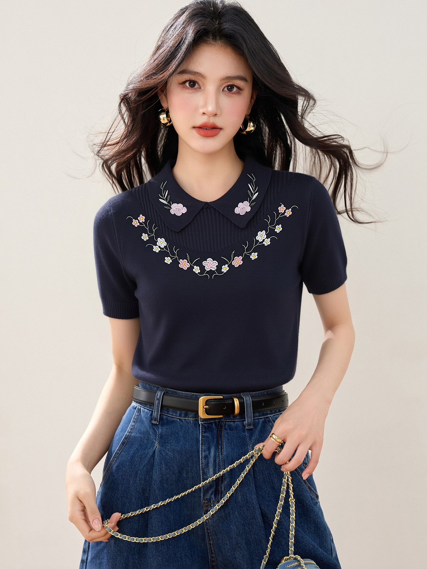 實拍◆有◆2026法式翻領花朵刺繡針織衫女夏季新款高級感氣質上衣