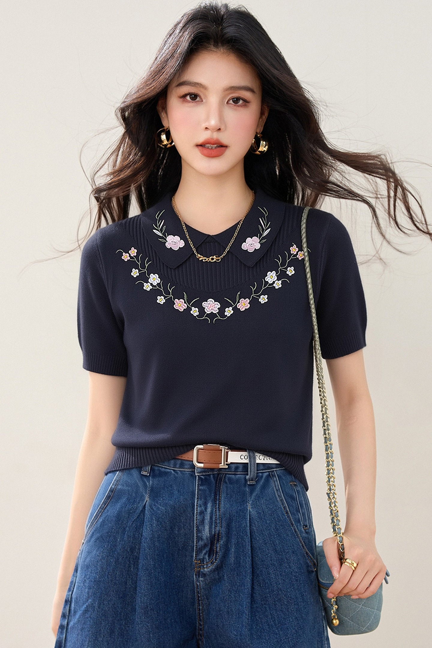 實拍◆有◆2026法式翻領花朵刺繡針織衫女夏季新款高級感氣質上衣