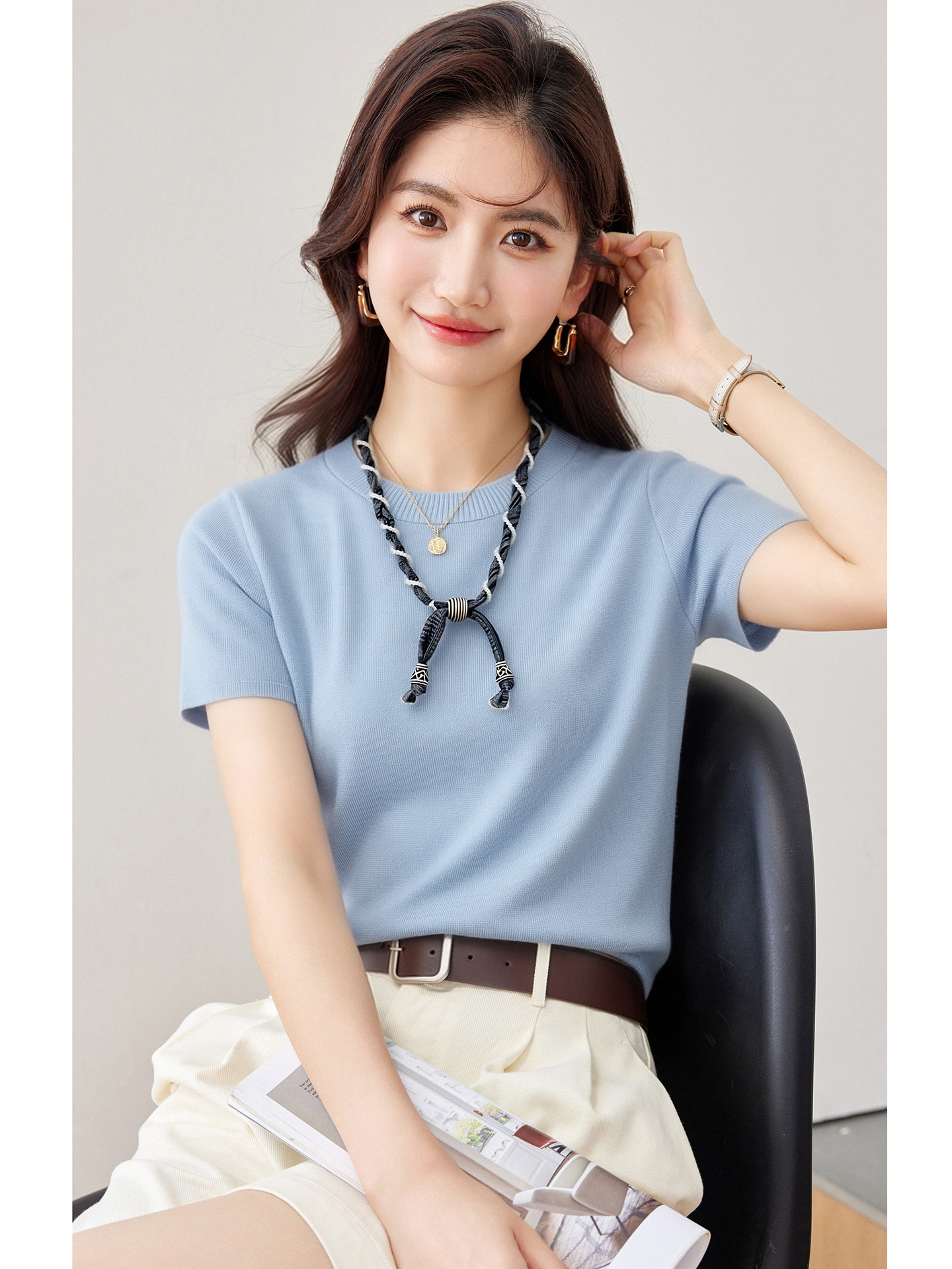 實拍◆有◆2026韓系絲巾圓領t恤短袖針織女新款高級百搭顯瘦上衣