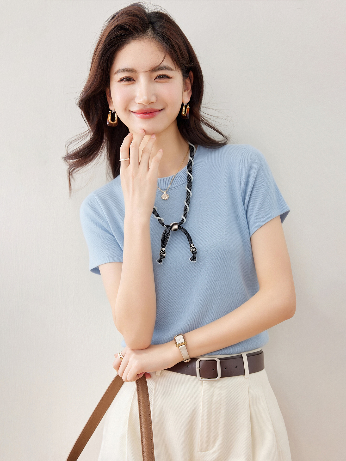 實拍◆有◆2026韓系絲巾圓領t恤短袖針織女新款高級百搭顯瘦上衣