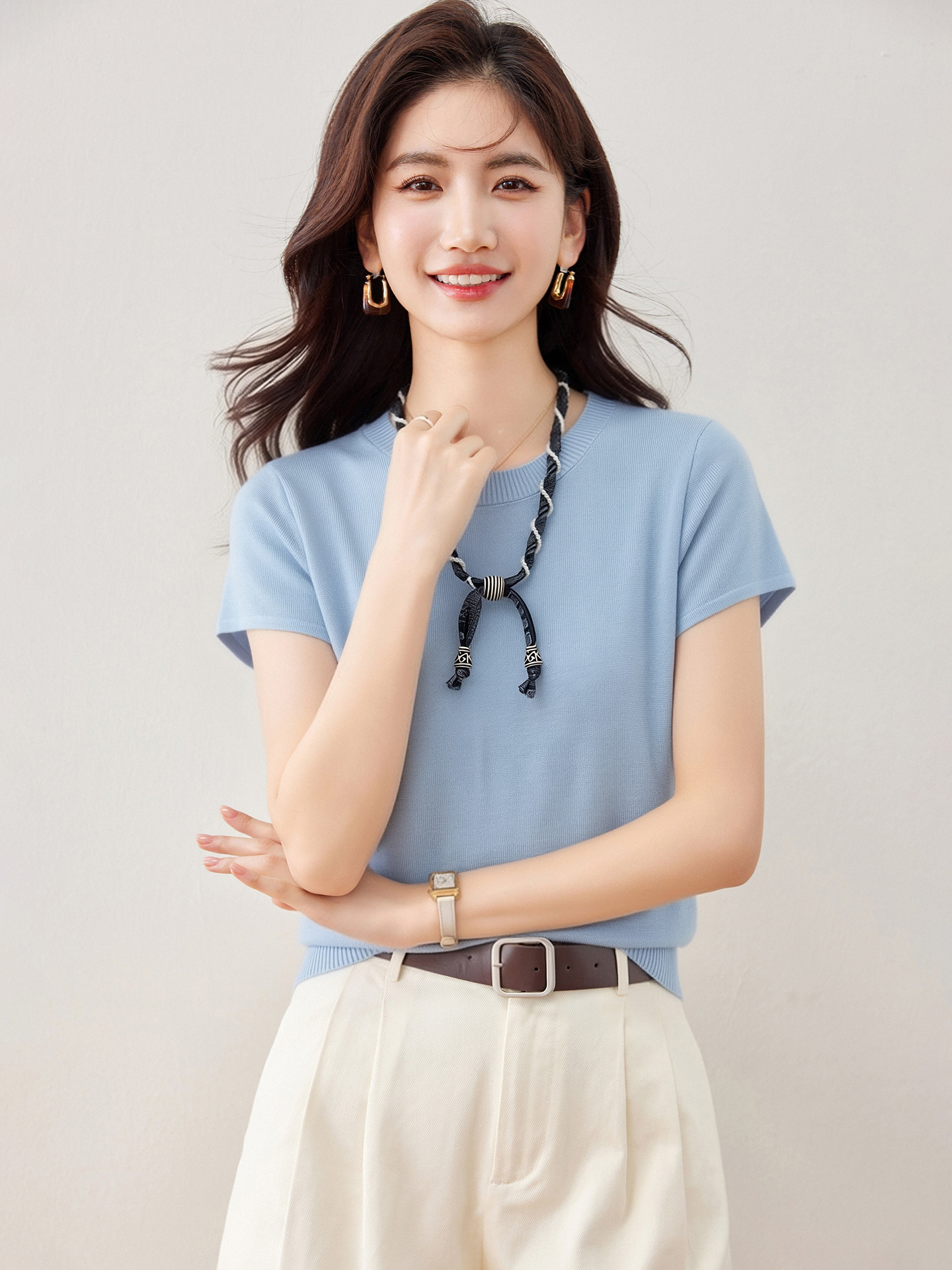 實拍◆有◆2026韓系絲巾圓領t恤短袖針織女新款高級百搭顯瘦上衣