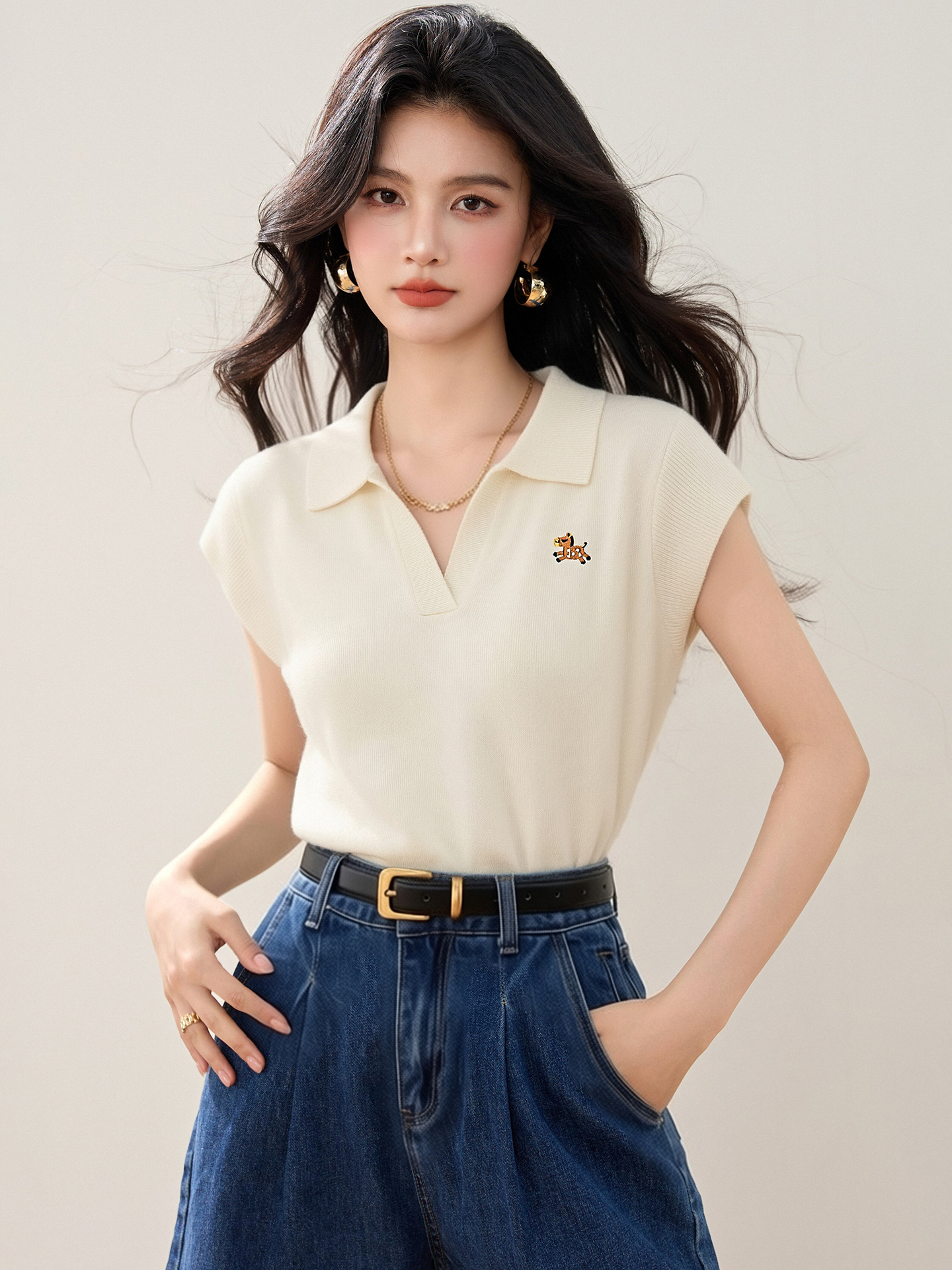 實拍◆有◆2026Polo領短袖針織衫女夏季簡約時尚百搭卡通小馬上衣